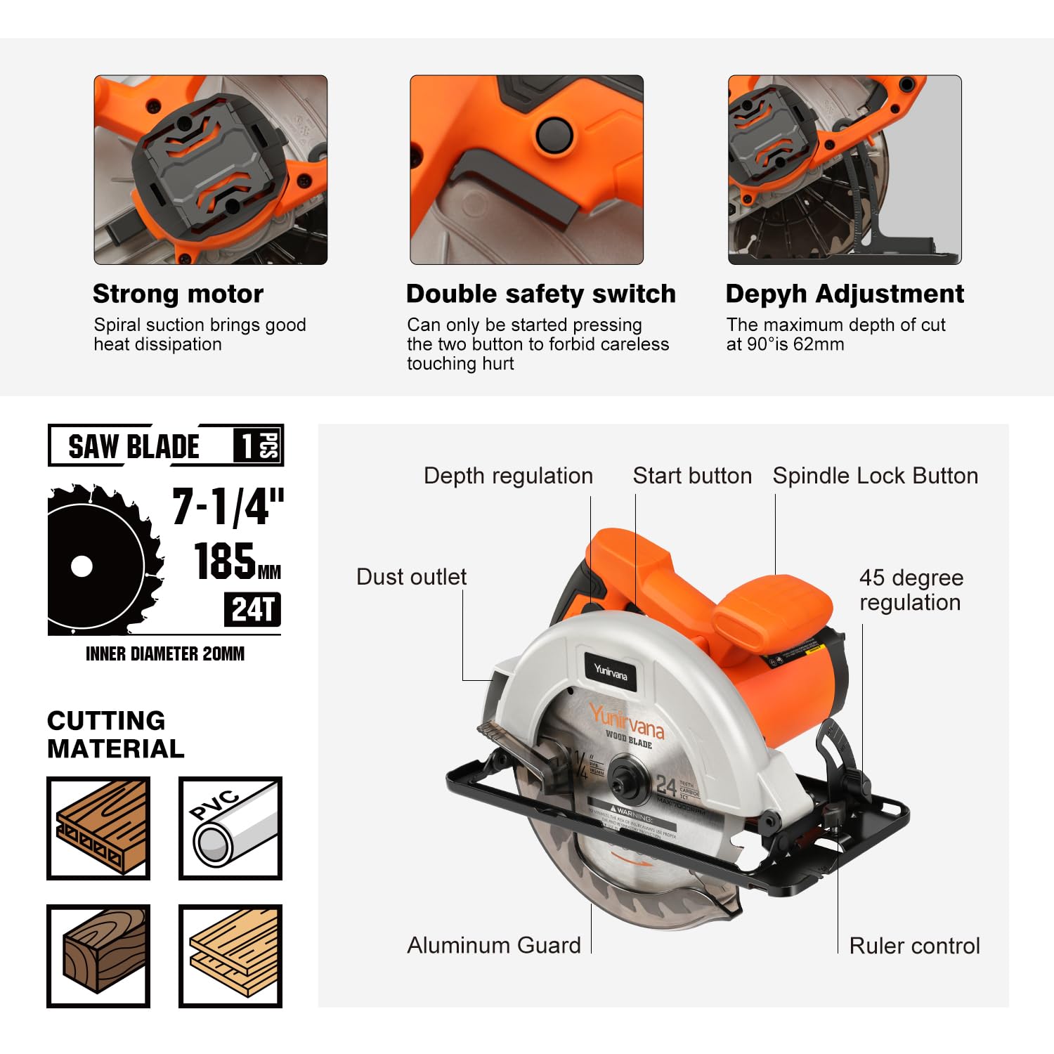 Yunirvana 1400W Sega Circolare con Guida Laser, massimo 6000RPM, Sega Circolare per Legno,profondità e angolo di taglio regolabili: 62 mm (90°) - 48 mm (45°), e lama da sega 185 mm