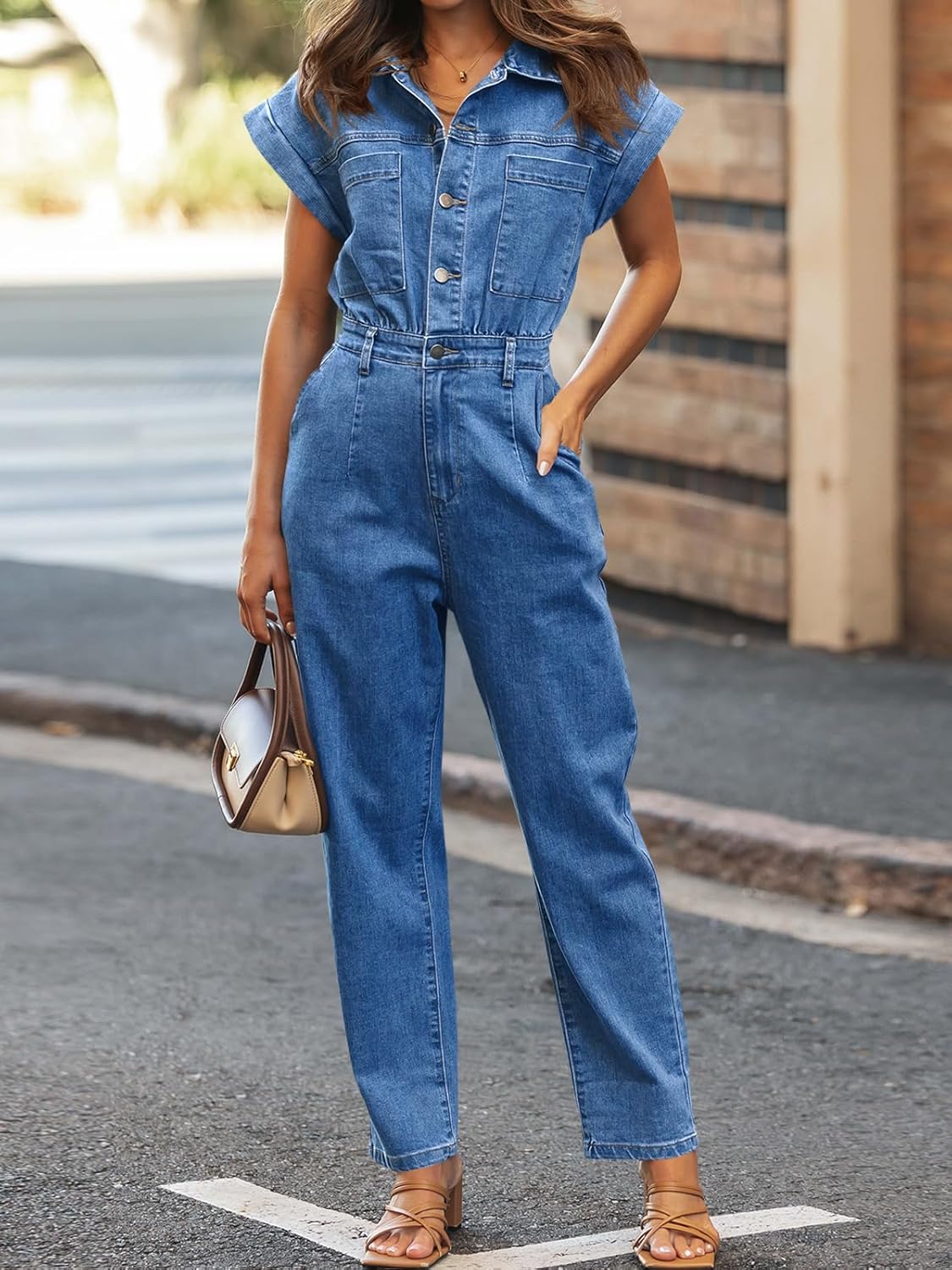 Tongmingyun Women's Cap Sleeve Denim Jumpsuit Button Down Straight Leg Jeans Long Pants Rompers with Pockets - Image 2