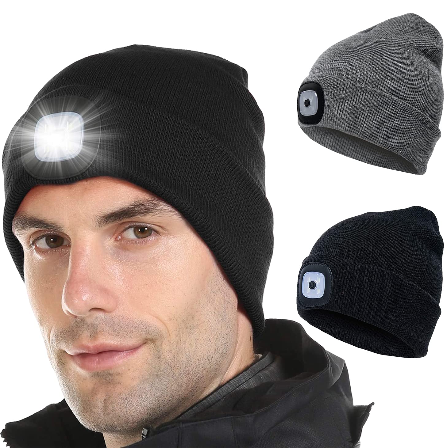 JFAN Cappello Lavorato A Maglia da Uomo Unisex LED con Torcia Inverno Tinta Unita Illuminato Sci Caldo Cappello in Pelle di Melone Beanie cap
