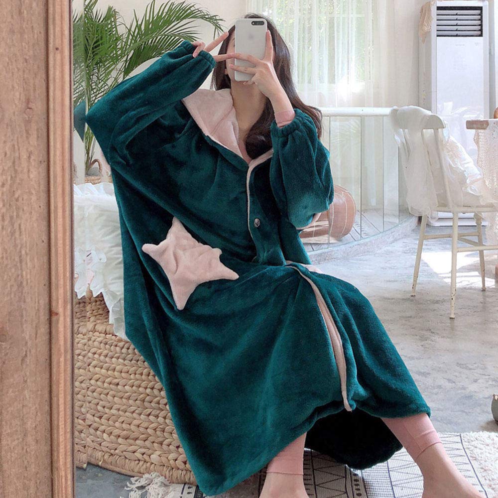 Morbido Accappatoio Invernale in Peluche, Accappatoio da Donna a Maniche Lunghe in Flanella con Stelle Abito Carino con Cappuccio e Spesso Caldo Pigiama Lungo, Azzurro-L (165)