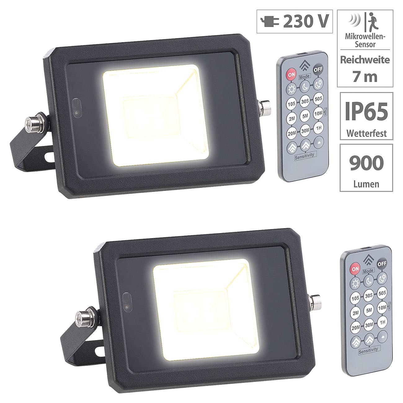 Luminea wetterfeste LED-Strahler: 2er-Set wetterfeste LED-Fluter, Radar-Bewegungssensor, Fernbed., 10 W (Flutlicht mit Bewegungsmelder, Strahler Fernbedienung)