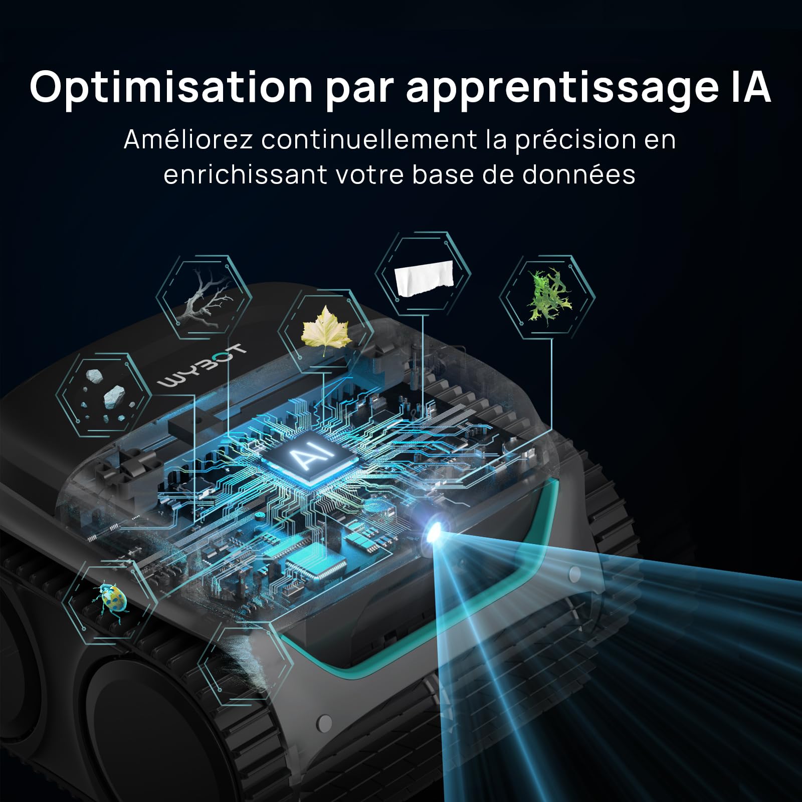 WYBOT (Nouveau Modèle) Robot Piscine sans Fil C2 Vision-A avec caméra IA, Filtration Ultra-Fine, Forte Aspiration, Nettoyage Fond/parois & Ligne d’Eau, Navigation Intelligente – Bleu-Vert Gris