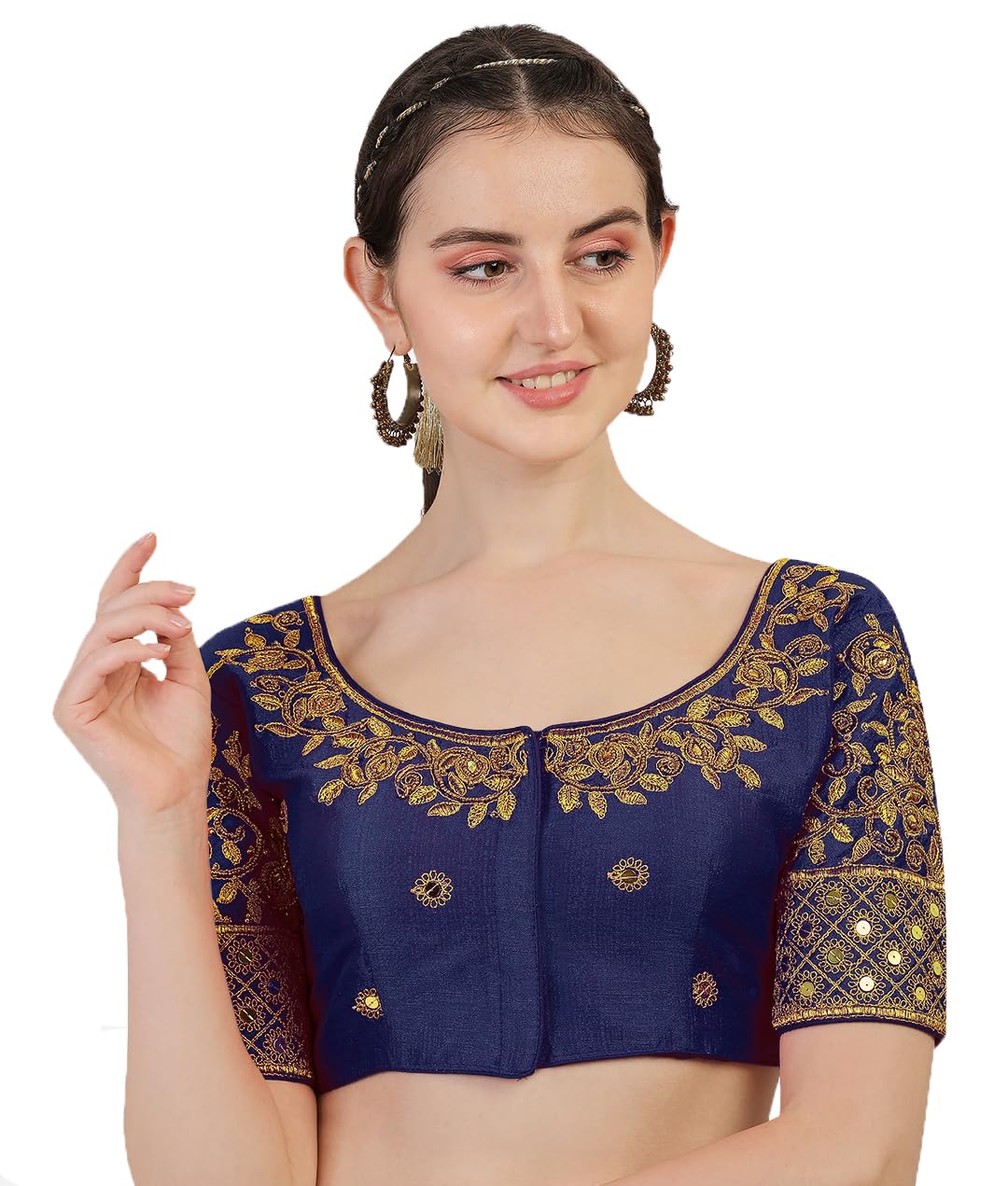 Pujia Mills Women's Silk Embroidery Khatli Work With Stone Work Readymade Blouse