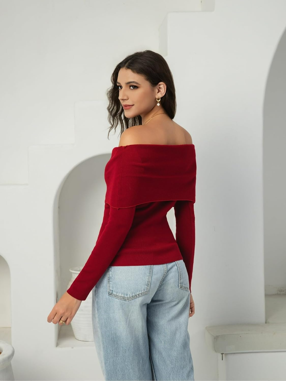 Women's Autumn Sweater, 2026 Casual Long Sleeve Off-The-Shoulder Strapless Knitted Sweater, Pullover Sweater - Image 3