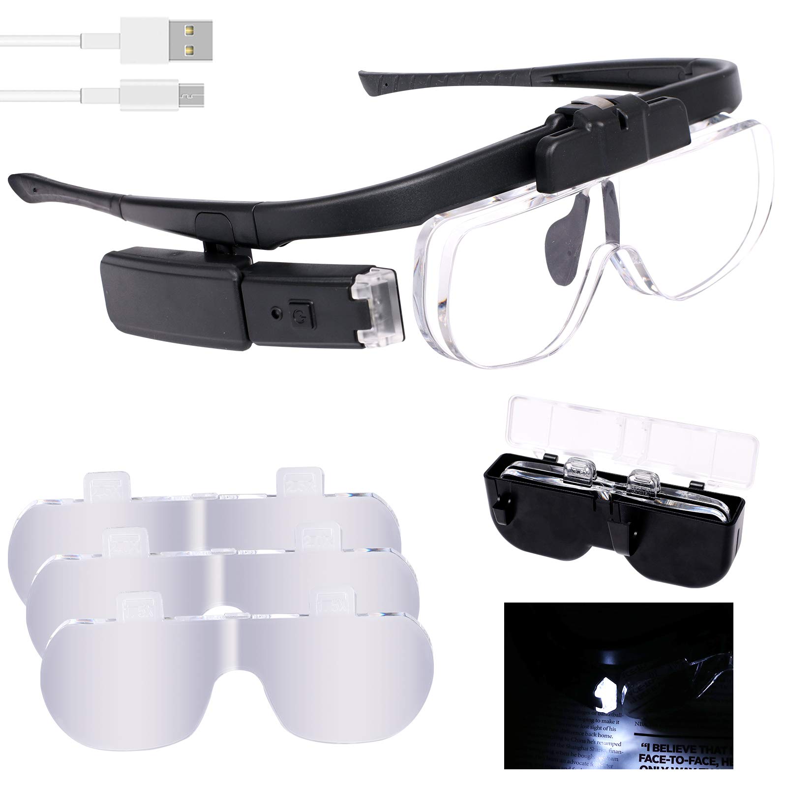 Head Magnifier Glasses with Lights, Stackable Magnifying Eyeglasses for Reading Jewelry Craft Watch Repair Hobby Multiple Head Mount Magnifying with Detachable Lenses 1.5X, 2.0X, 2.5X
