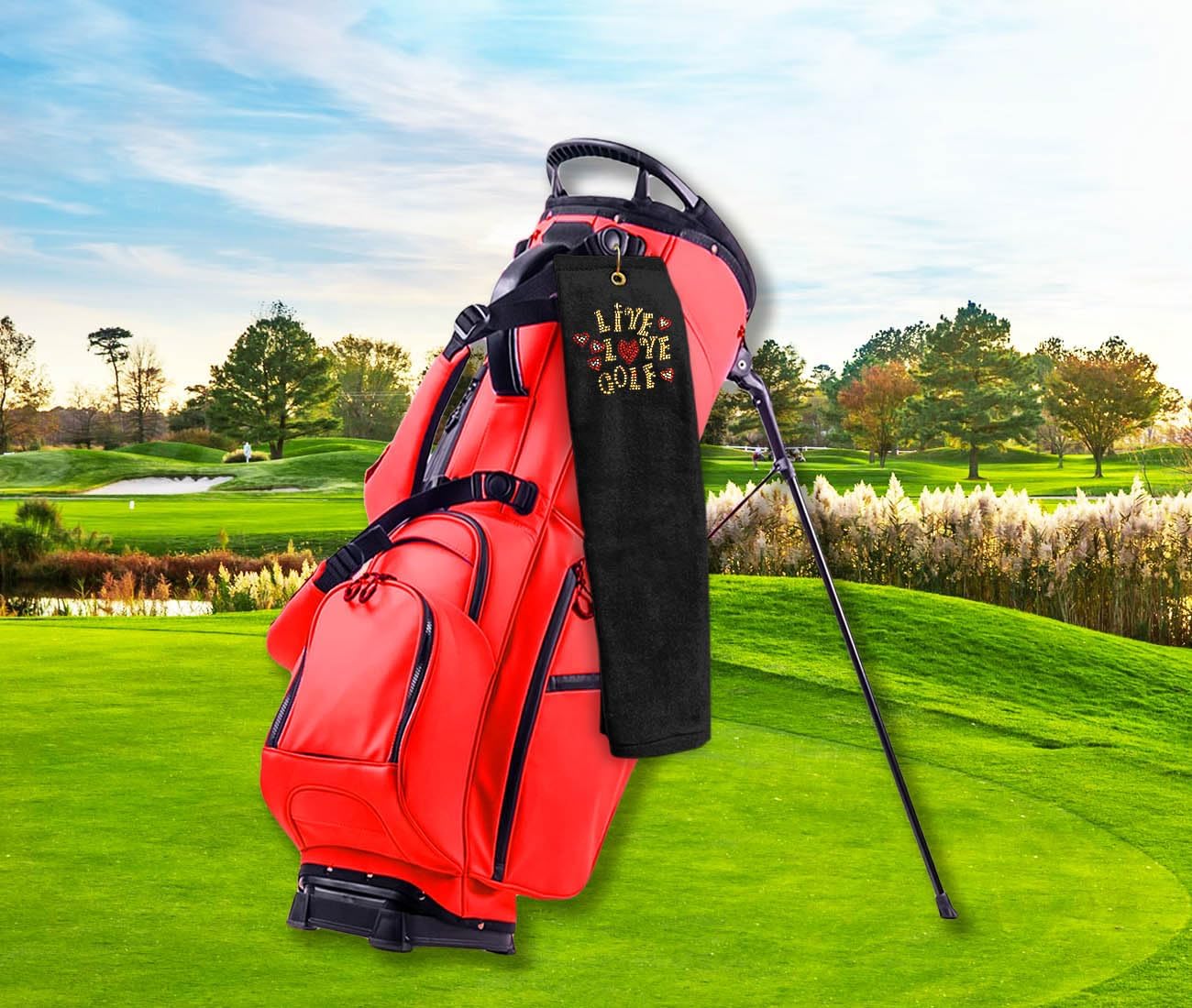 NAVIKA USA Inc. Black Golf Towel with Crystal Live Love Golf Design | Large Terry Cloth Sports Towel with Hook/Clip for Easy Attachment | Gift for Women Golfers | On Course Golfing Accessory