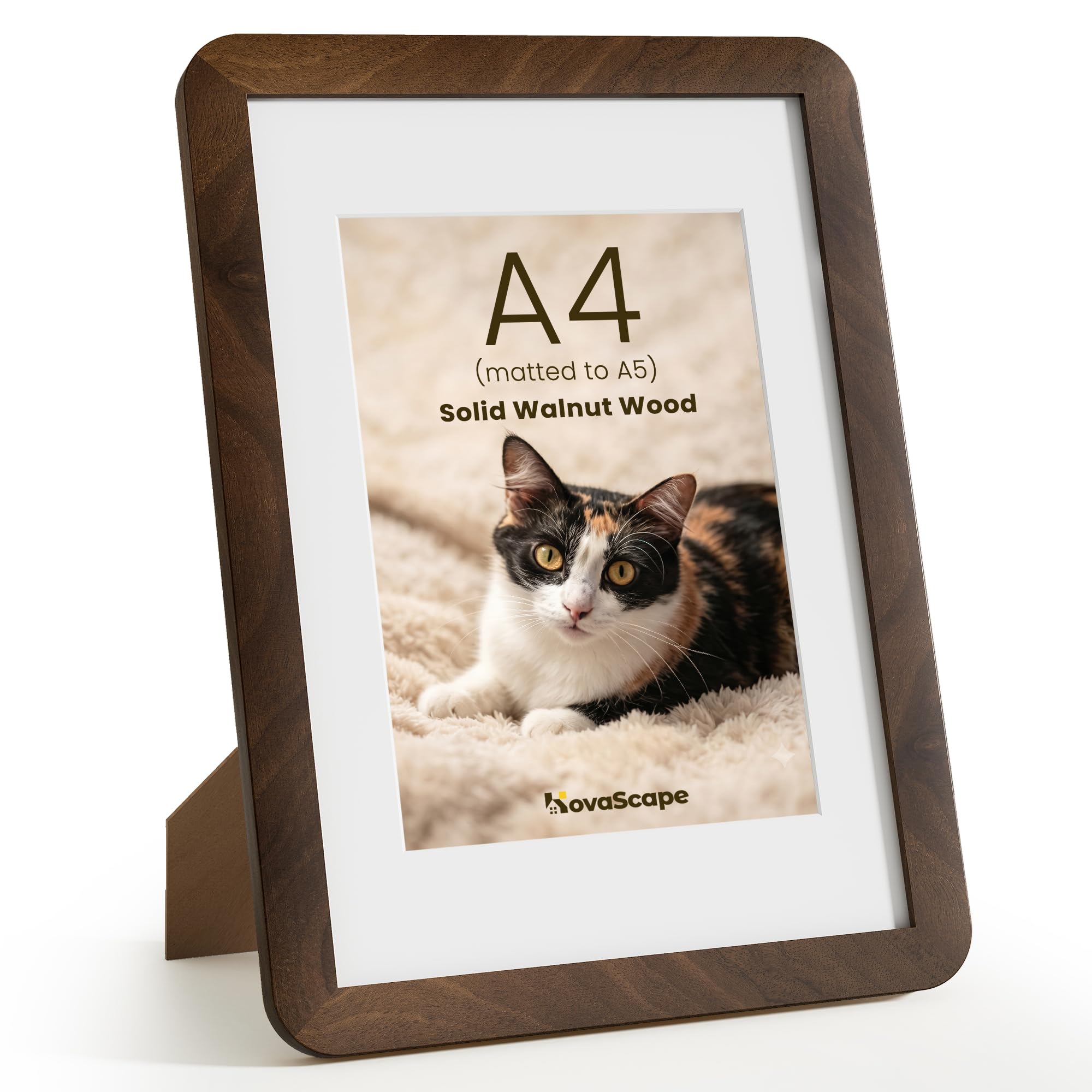 KovaScape A4 Picture Frames, Solid Walnut Wood with Mortise and Tenon Joinery, Handcrafted Photo Frame with Mat for A5(13.9x20 cm), High-Definition Tempered Glass, Wall or Tabletop Display