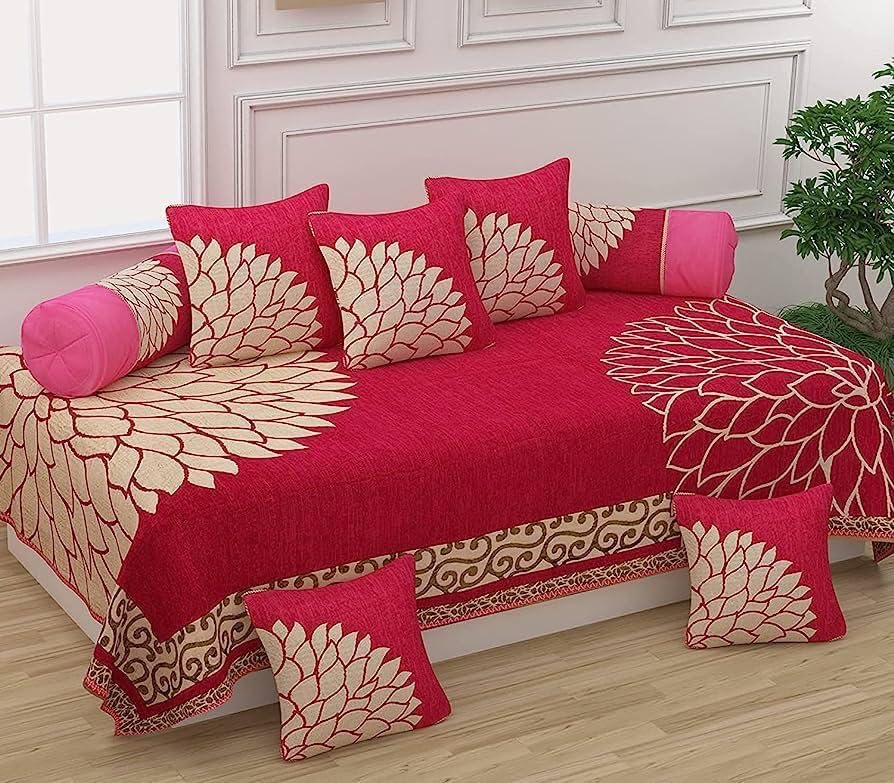 Chenille Bedsheet Set with Decorative Pattern, Queen Size 254 x 234 cm, 160 Thread Count, 8 Piece Diwan Set, Single Bedsheet with 1 Pillow Cover (Pink Diamond, Diwan Set)-image-15