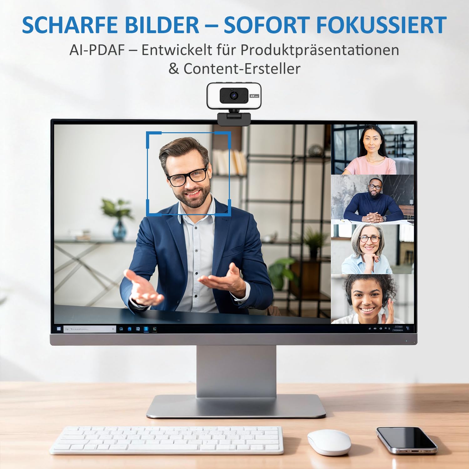 Webcam 4K, Autofokus PC Kamera mit Mikrofon für Laptop