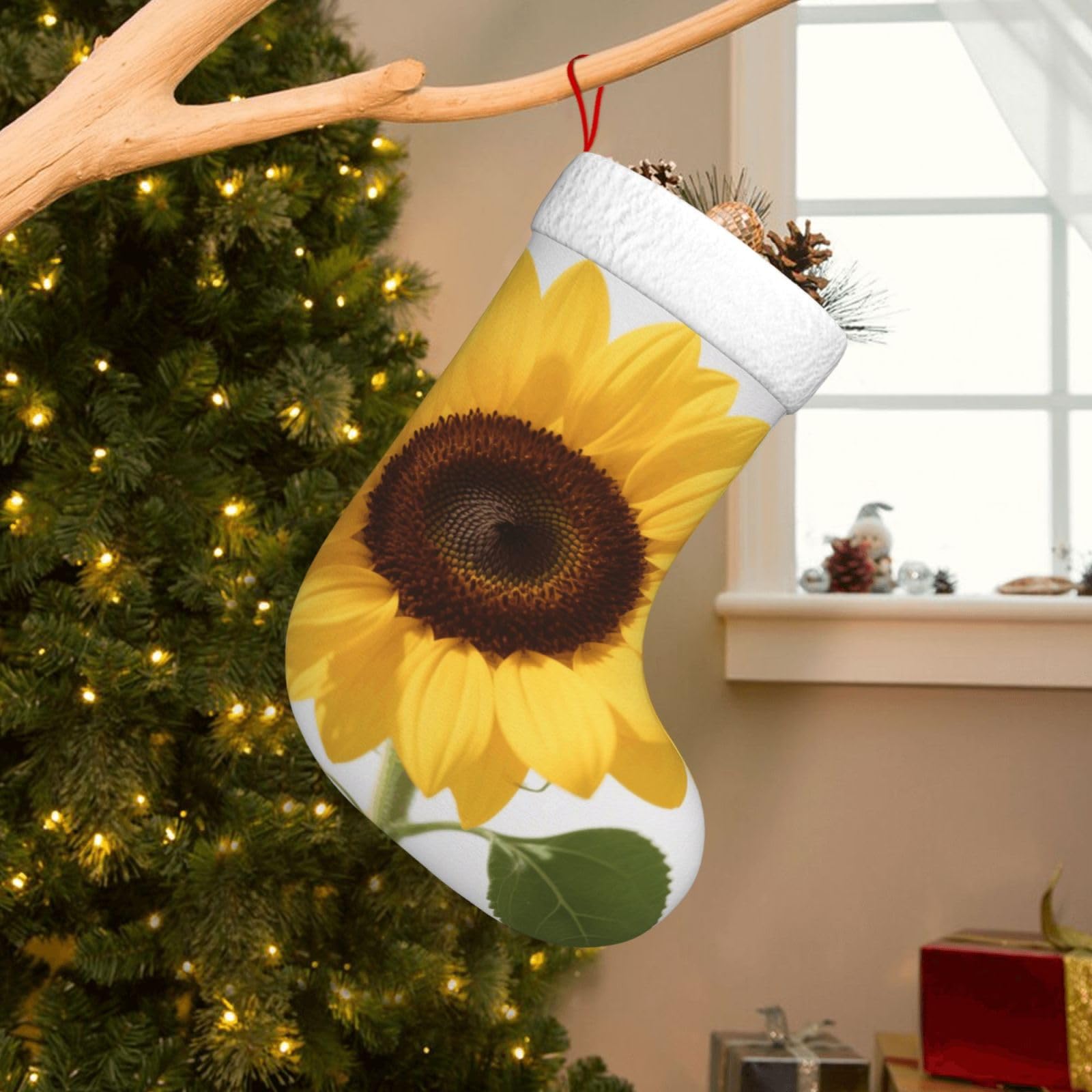 Velvet Christmas Stockings 17.7 Inch, Beautiful Yellow Summer Sunflower Xmas Stocking with Soft Cuff,Classic Personalized Christmas Tree Decoration for Family Holiday New Year Party Supplies