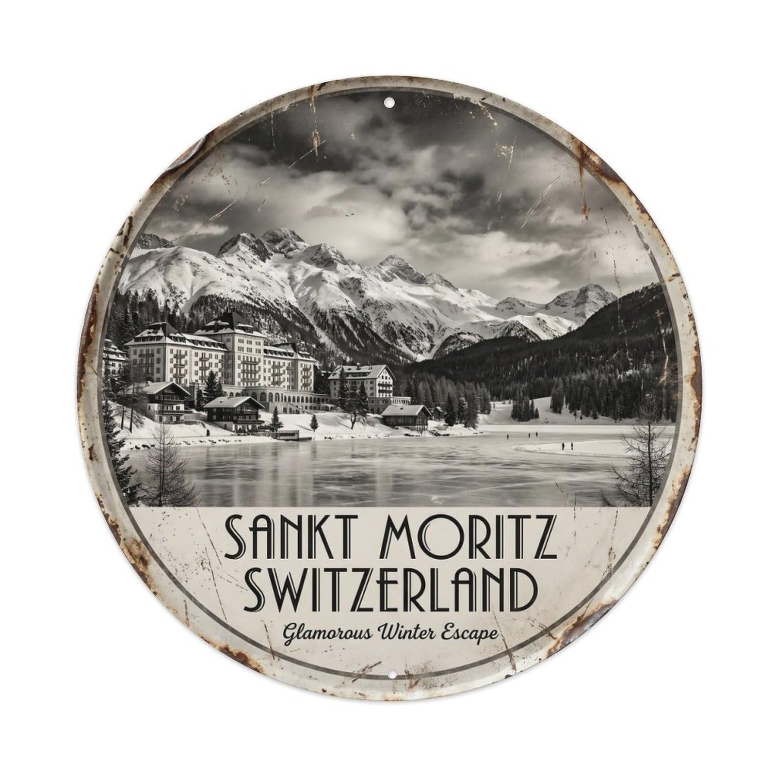 Vintage Travel Moritz Switzerland Winter Metal Tin Sign Plaque Wall Decor for Cafe, Club, Garden Round Metal Poster 8x8Inch