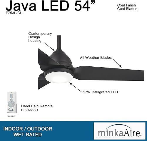 Miniatura 4 de MINKA-AIRE F753L-CL Java Ventilador de techo para exteriores de 54 pulgadas con luz LED integrada en acabado carbón cepillado níquel,Carbón,blanco