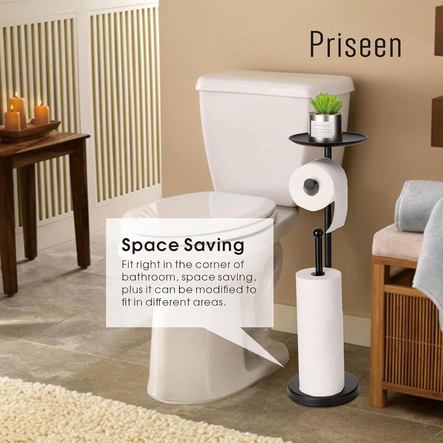 Toilet Paper Holder Stand with Phone Shelf, Freestanding TP Holder, Holds 5 Rolls, Stainless Steel (Black)