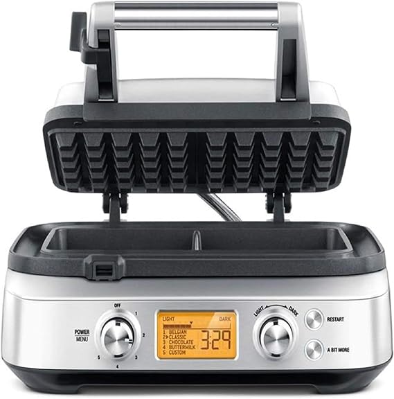 Sage Appliances SWM620 the Smart Waffle Pro, Belgian Waffles, 14 (H) x 29 (W) x 30 (D) cm | Waffle iron, 4 dough settings including Belgian waffles, classic waffles, 12 browning settings, 1000 W power