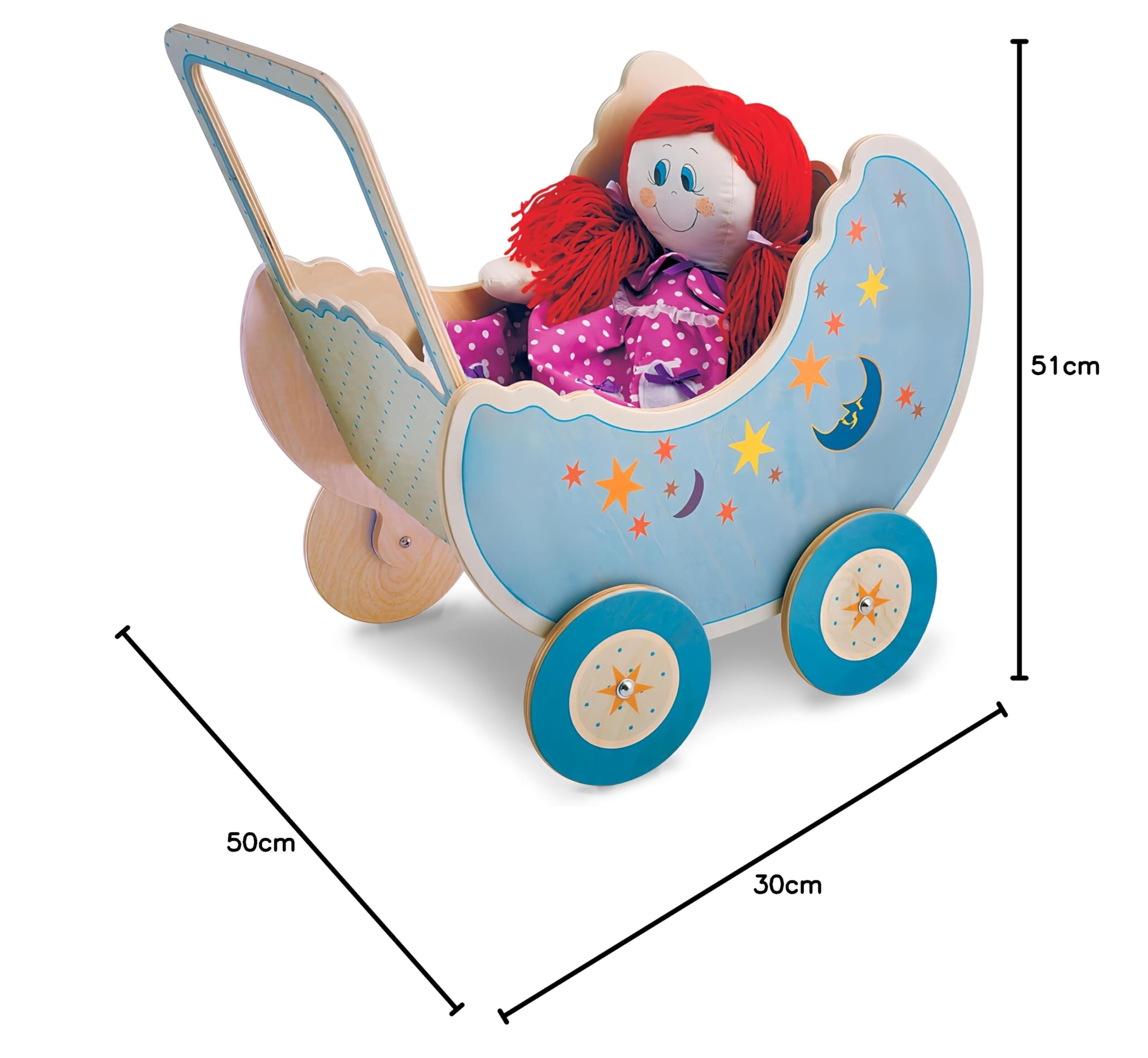 Dida - Carrozzina per Bambole Luna: Realizzato in Legno, Passeggino per Grandi Bambole fino a 50 cm Ideale per i Giochi di Ruolo di Piccole Mamme e Papà, per Bambini 2 3 4 Anni