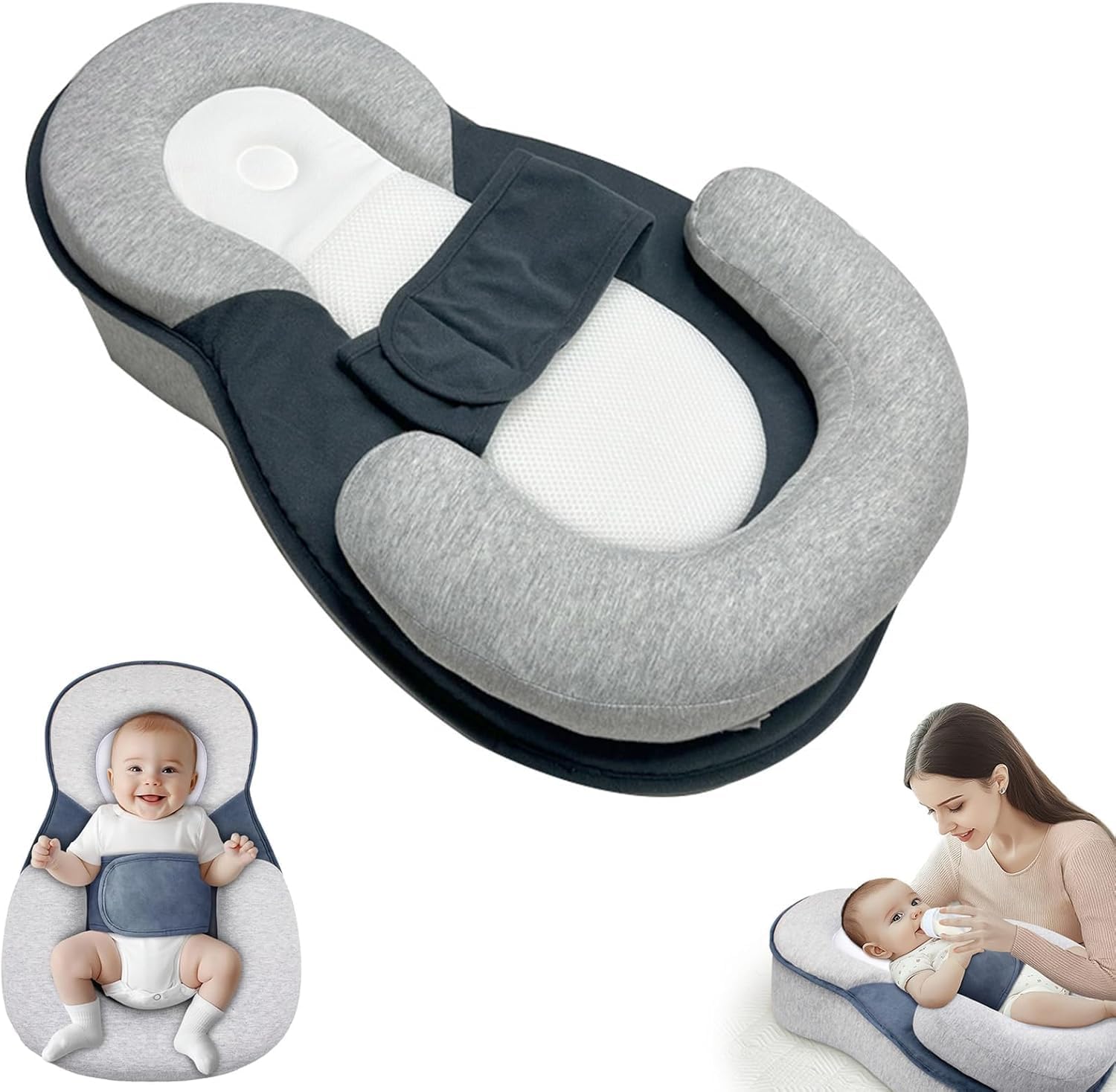 Baby Lounger Pillow for Infant Support Cushion Reflux Breastfeeding Pillow, Bottle Feeding, Tummy Time, Adjustable Baby Wedge Lounger Pillow for Reducing Spit-Up White Grey