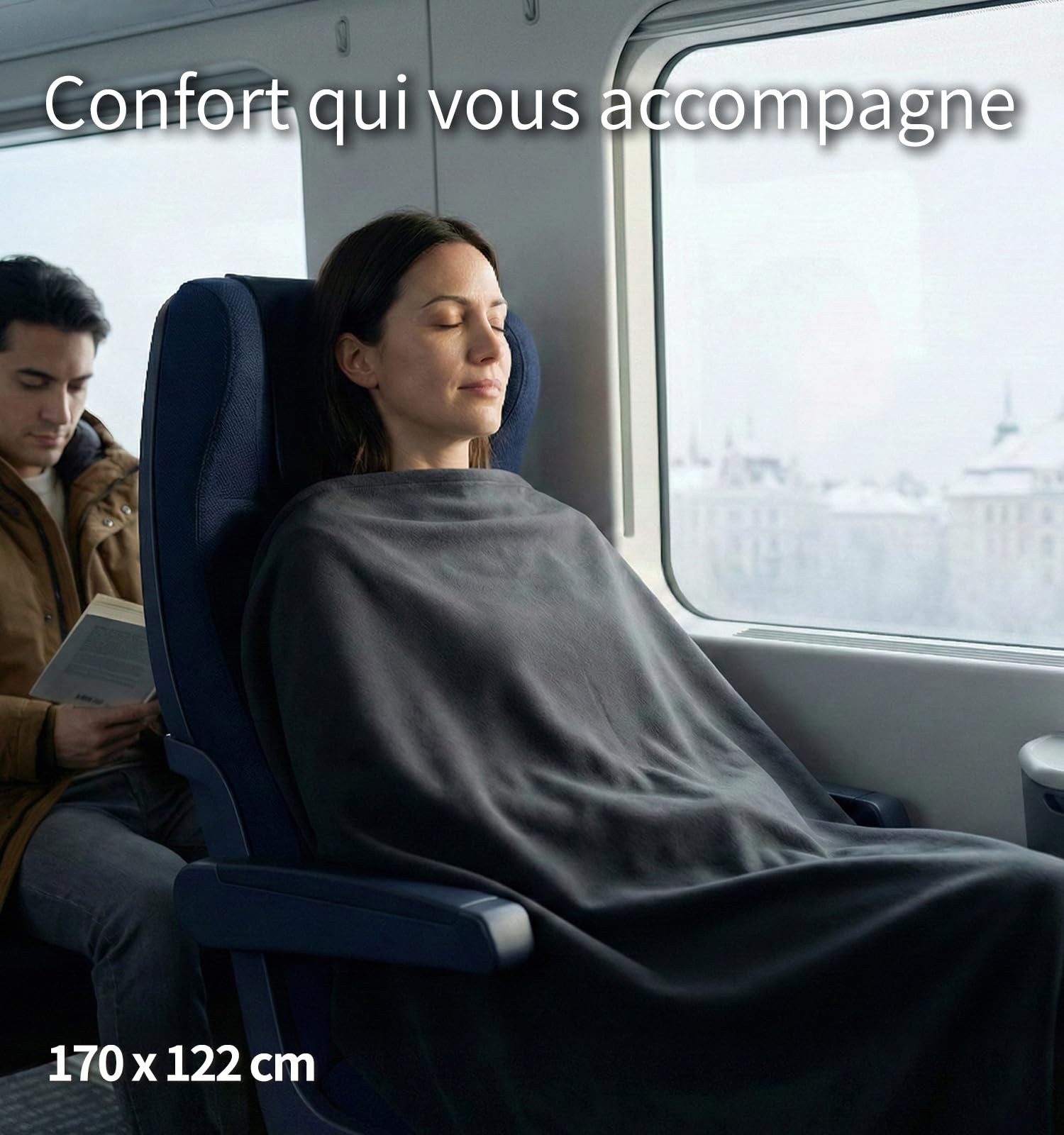 Litume Couverture de Voyage légère et Respirante, Couverture d'avion Souple 170 x 122 cm pour Les Voyageurs, Drap de Camping Pliable avec Sac de Rangement pour Train, Camp, Voyage(Gris Foncé)