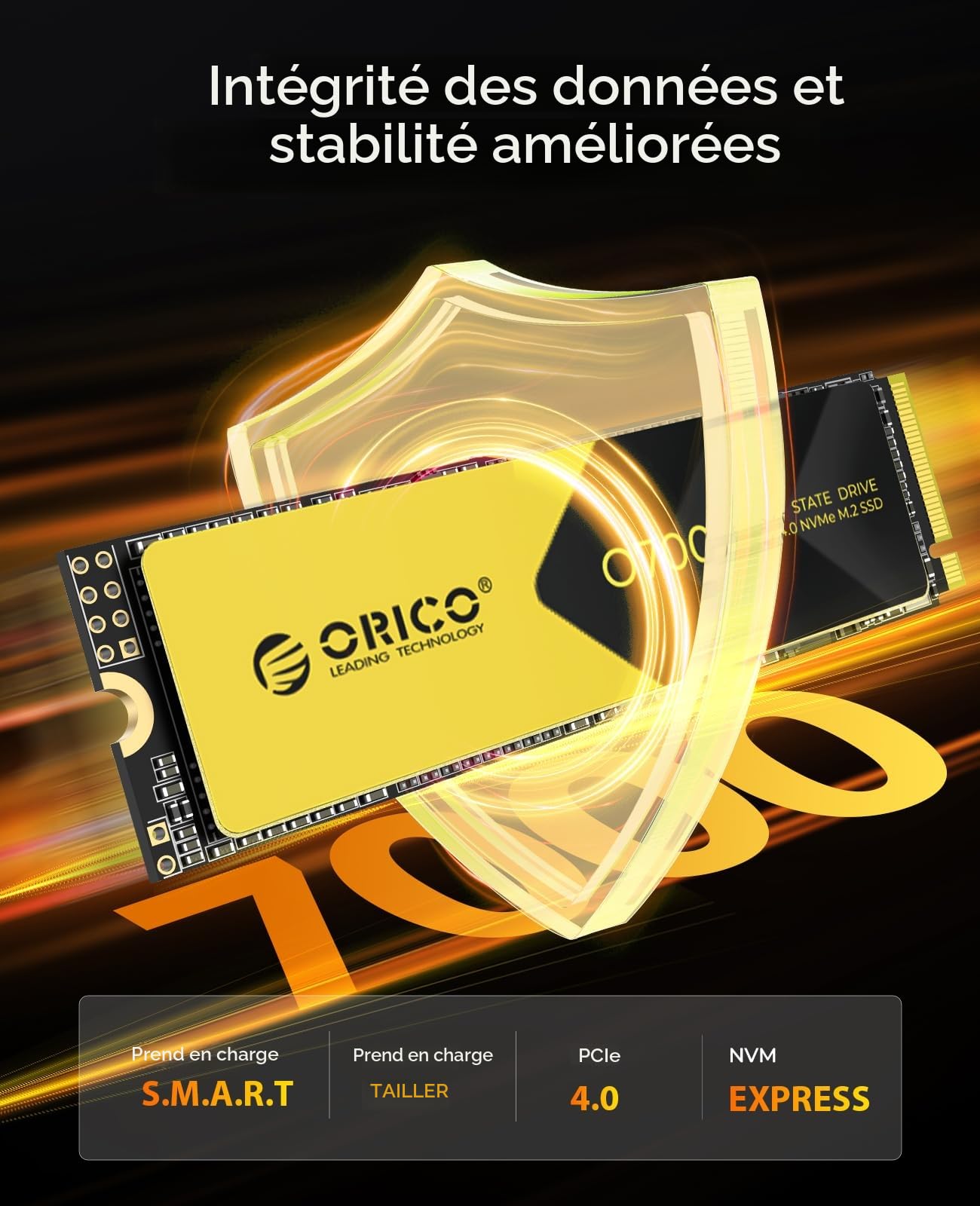ORICO 1To SSD NVMe M.2 PCIe Gen4x4, Jusqu'à 7000 Mo/s en Lecture, 6500 Mo/s en écriture, SLC Cache 3D NAND, SSD Interne M.2 2280 pour PS5, PC de Bureau et Ordinateurs Portables-O7000