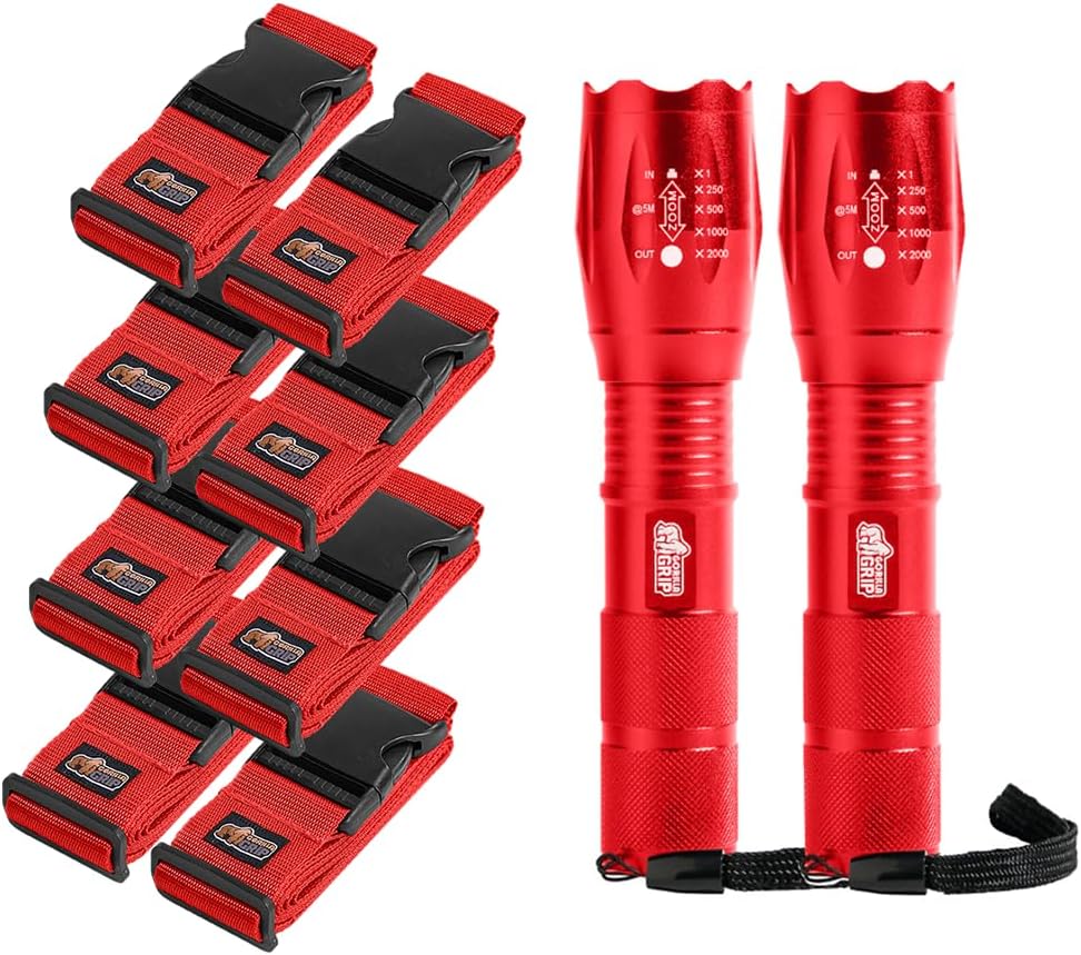 GORILLA GRIP Luggage Straps and Tactical Flashlights, Luggage Straps Tightening Belts 8 Pack, Tactical Flashlight Adjustable Mode 2 Pack, Both in Red, 2 Item Bundle