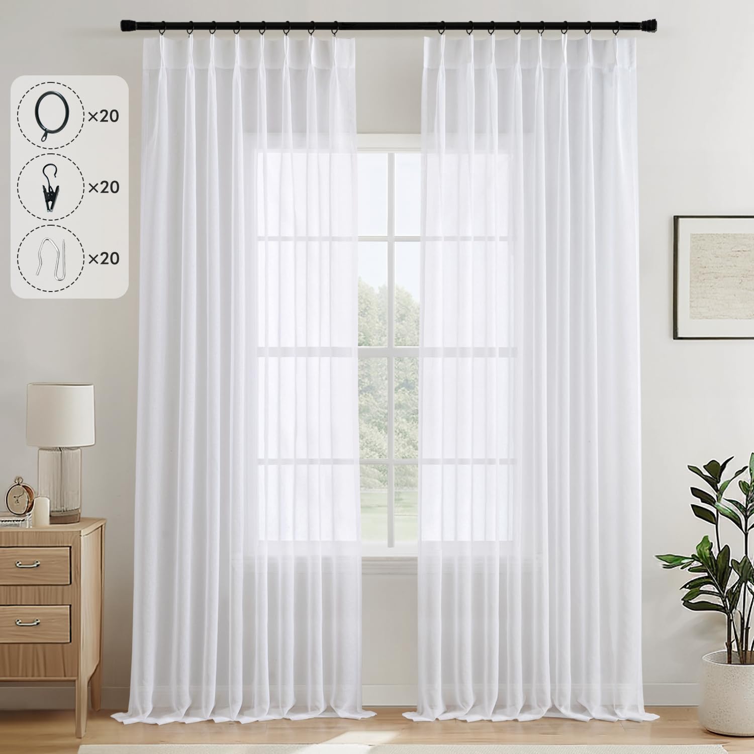 MIULEE Visillos Cortinas Translucida Cortinas Plisadas con Ganchos para Sistema de Riel, Solapa Trasera para Barra, Salón Ventana Habitación Dormitorio,2 Piezas,132X245CM,Blanco