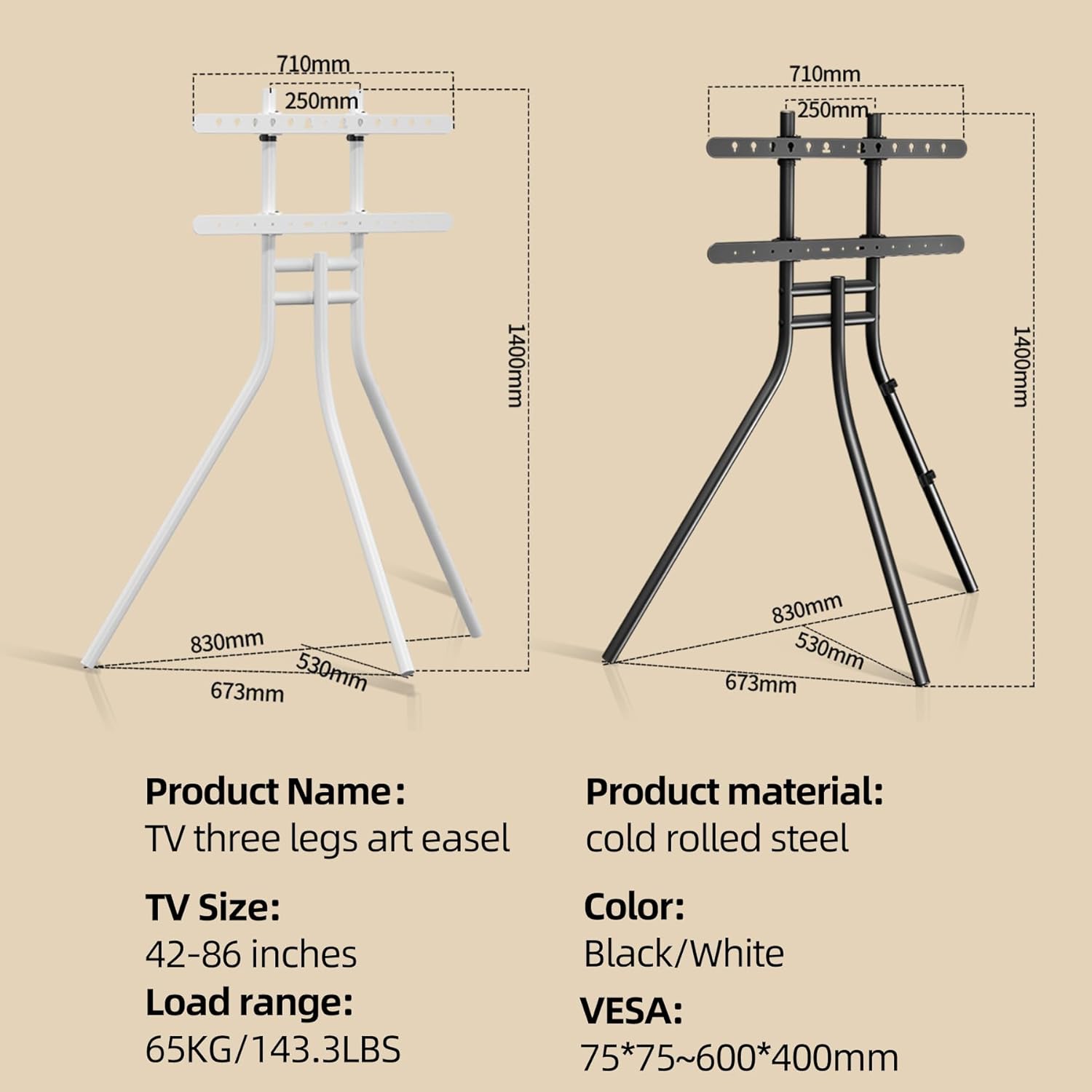 Easel TV Stand with Tripod Base for 42-86 inch Flat Screens, Height Adjustable Art Bracket for Living Room/Cable Ties, MAX Load Capacity 143.3 LBS YS613B