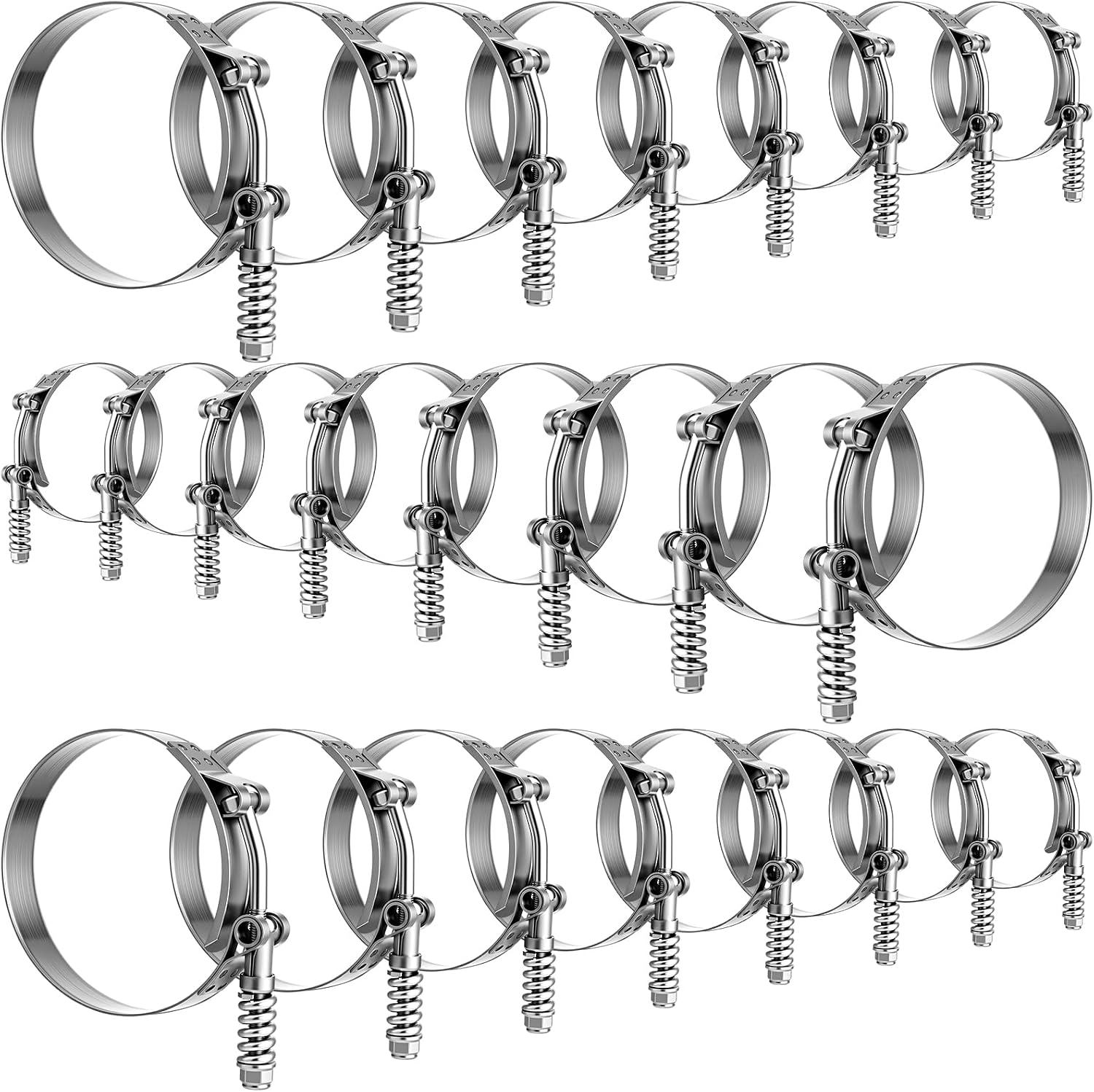24 Pack T Bolt Hose Clamp with Reinforcement Spring 8 Size Stainless Steel Constant Tension Hose Clamp Working Range 49-116mm for 1.75-4" ID for Turbo Intake Intercooler Radiator Automotive