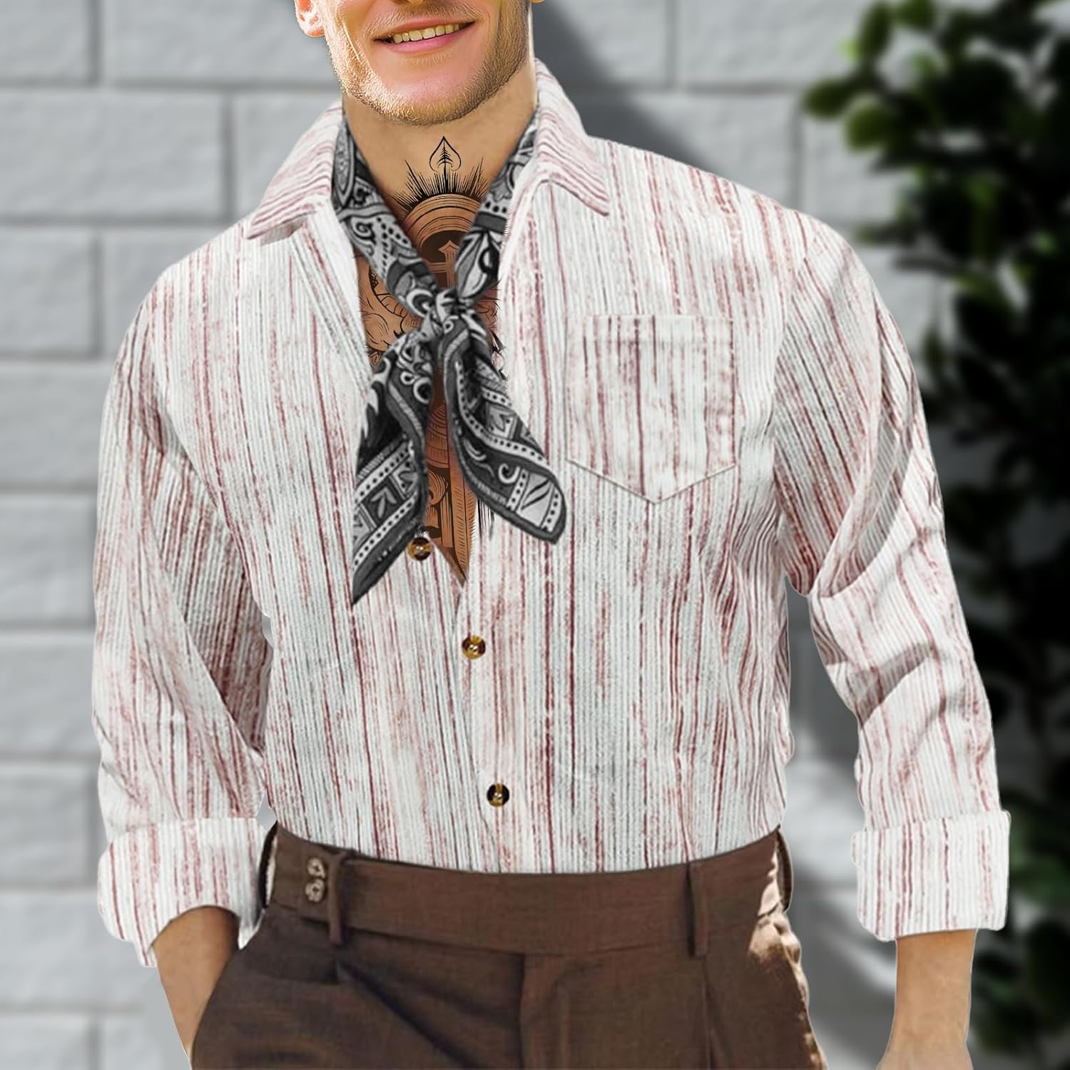 Men Summer Shirts Vintage Striped Print Rolled Three Quarter Sleeve Big and Tall Loose Button Down Undershirt - Image 2