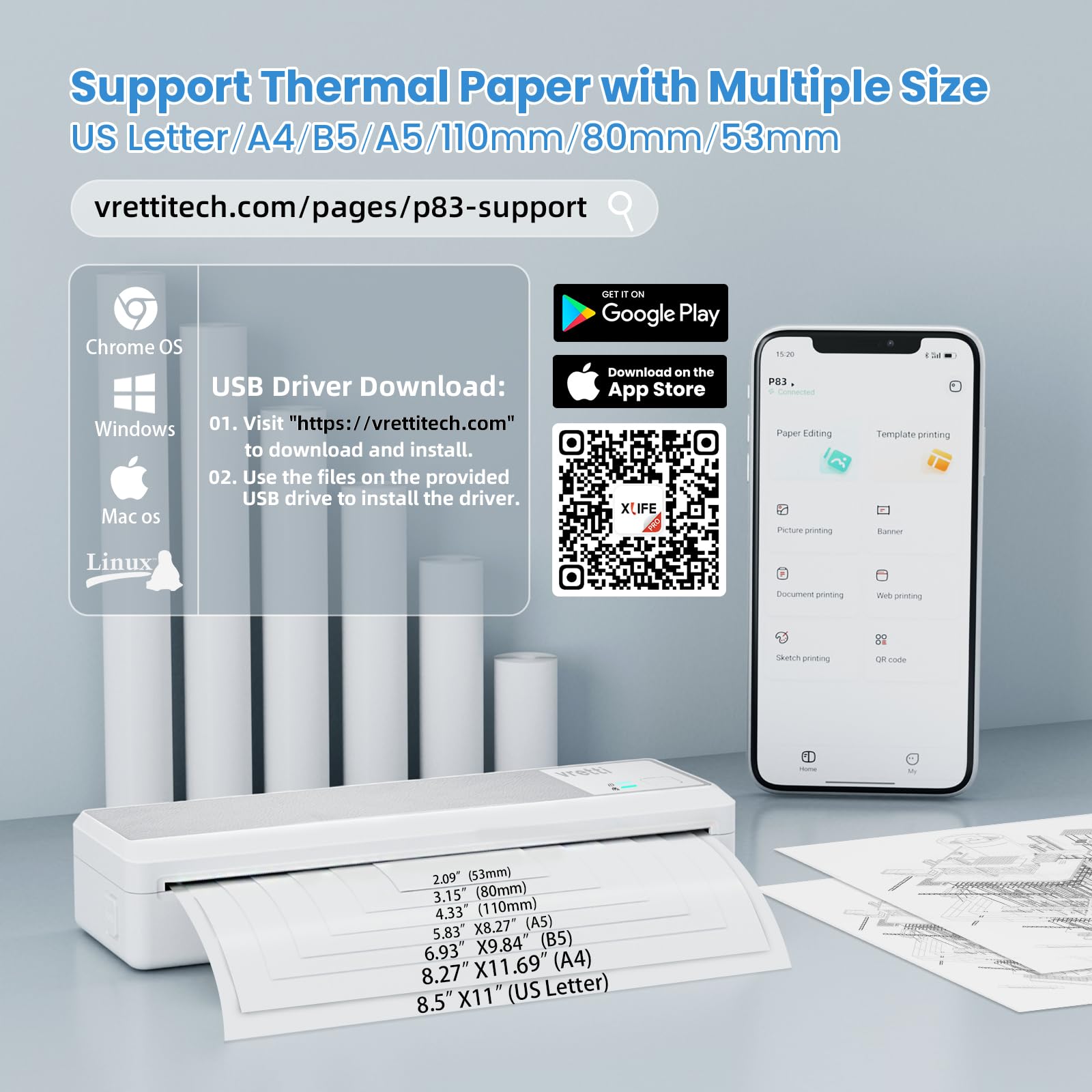vretti Imprimante Portable Thermique sans Encre A4 Bluetooth USB