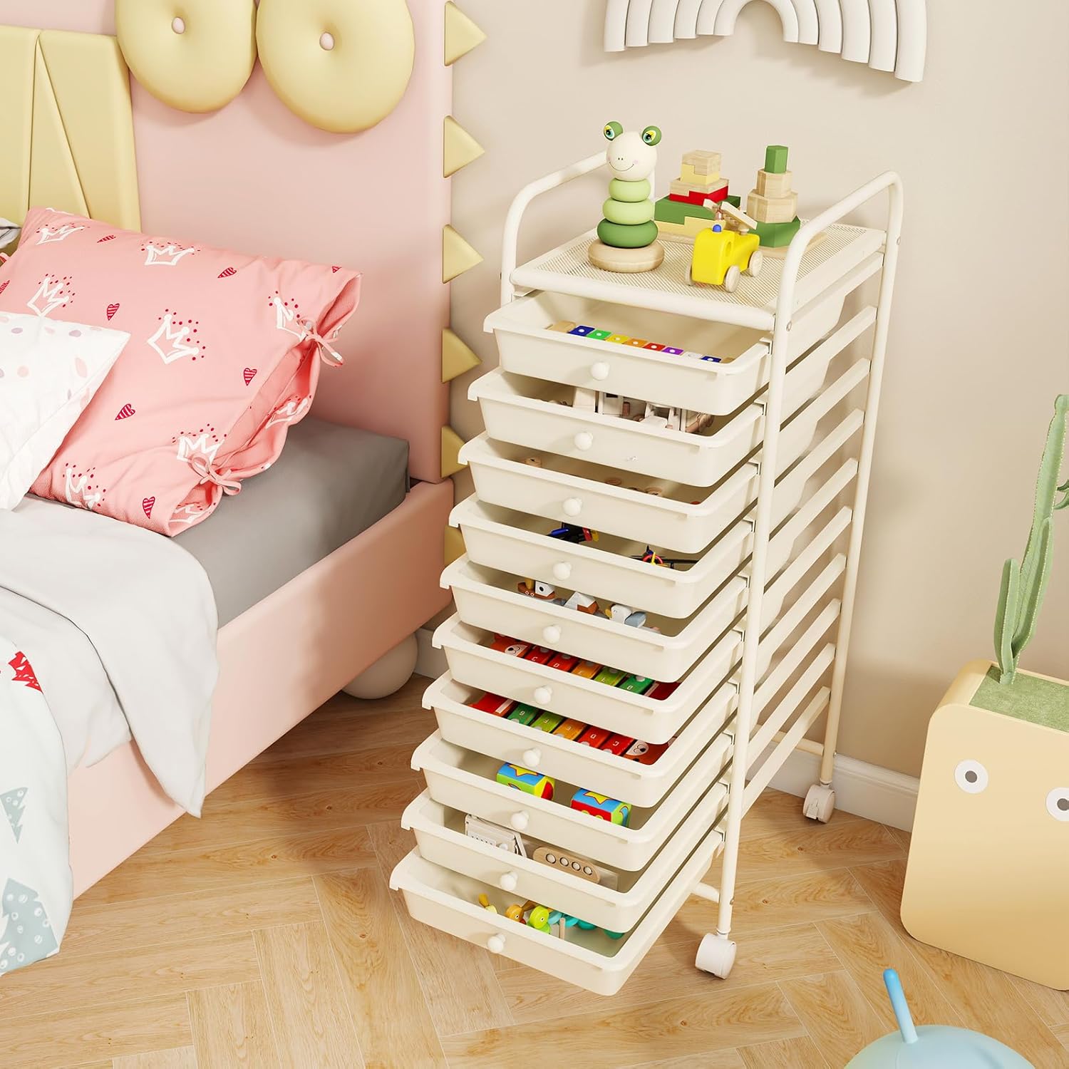 10-Drawer Rolling Storage Cart, Trolley w/Lockable 360° Wheels, 10 Removable PP Drawers, Sturdy Metal Frame, Rolling Utility Cart Perfect for Home, Office, Classroom (Ivory)