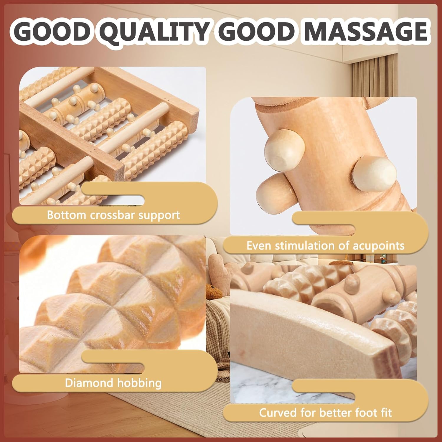 Wooden Foot Massage Roller, Wood Foot Roller for Plantar Fasciitis, Manual Physical Foot Therapy Roller Massage Tools for Feet Pain Relief Muscle Relaxation Men Women Elderly (5 Row Dual Gear) - Image 4