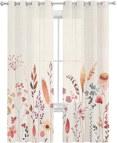 Cortinas traslúcidas con diseño de hojas y flores de granja de 39 pulgadas de largo, juego de 2 paneles de cortinas para cocina, dormitorio, sala de