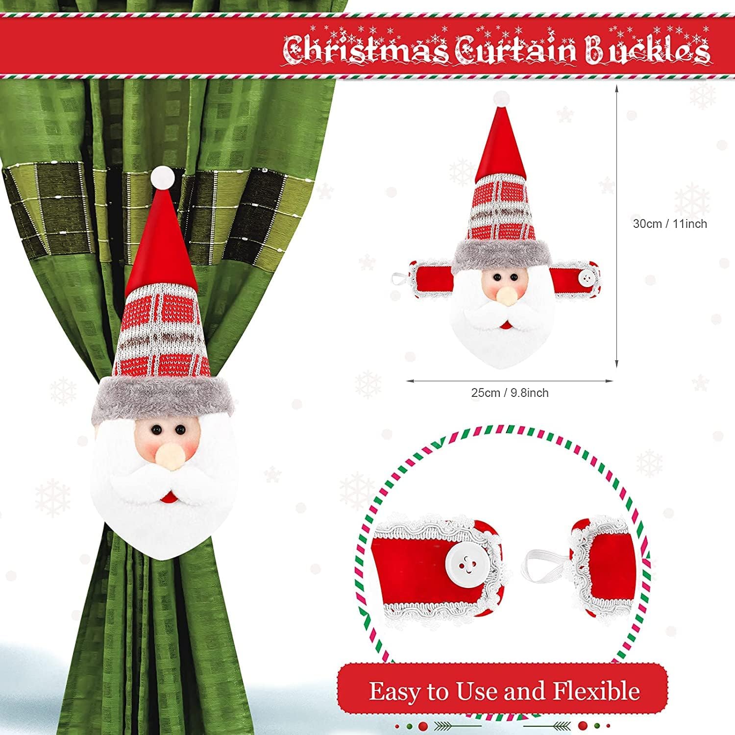 Jetec 4 Pcs Christmas Curtain Buckle Tiebacks Santa Snowman Holders | Deer Cartoon Dolls, Adjustable Buckle for Living Room Window, Festive Decor Holders, Cozy Home Decoration