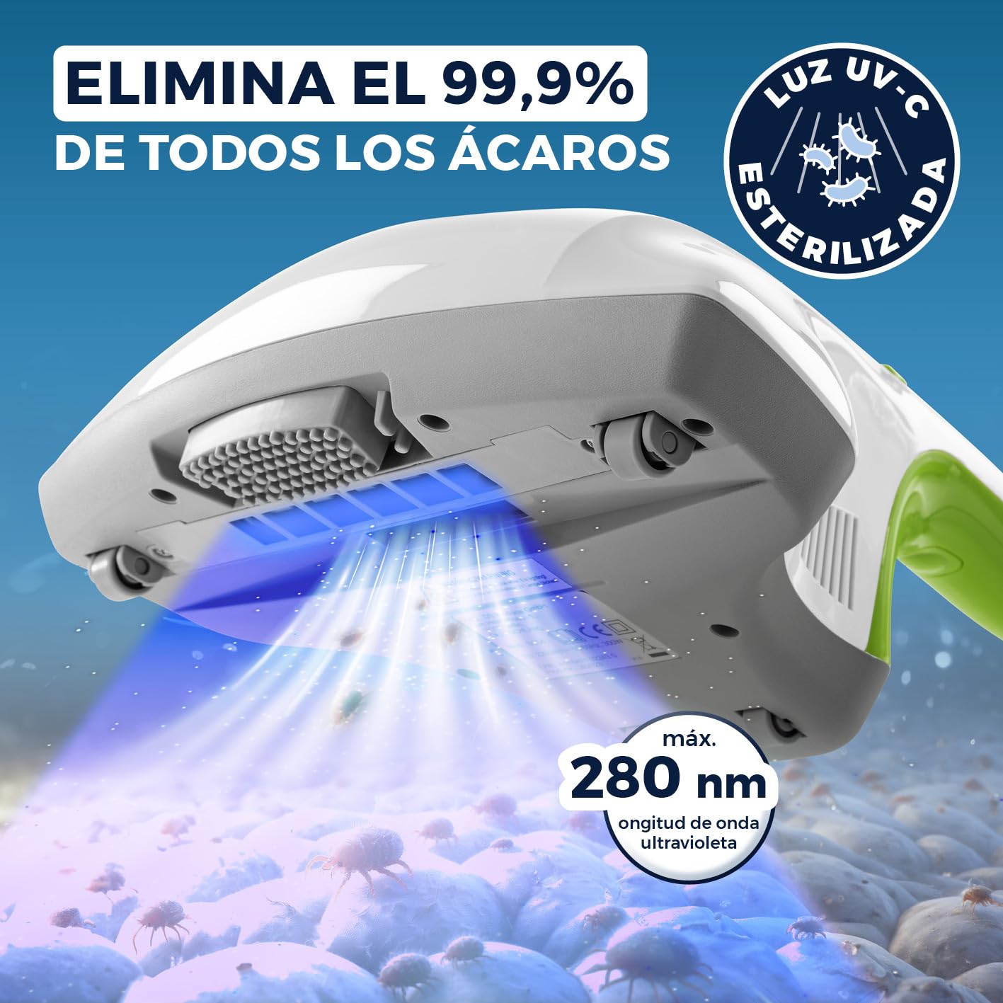 CLEANmaxx Aspirador Manual de ácaros | Limpiador de colchones con Potente succión, esteriliza Las Superficies con luz UV-C | 300Watt [Destruye hasta el 99,9% de Todos los ácaros]