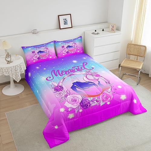 Miniatura 4 de Erosebridal Juego de ropa de cama de sirena tamaño King para niñas, juego de edredón femenino de arco iris, vida oceánica, edredón acolchado de