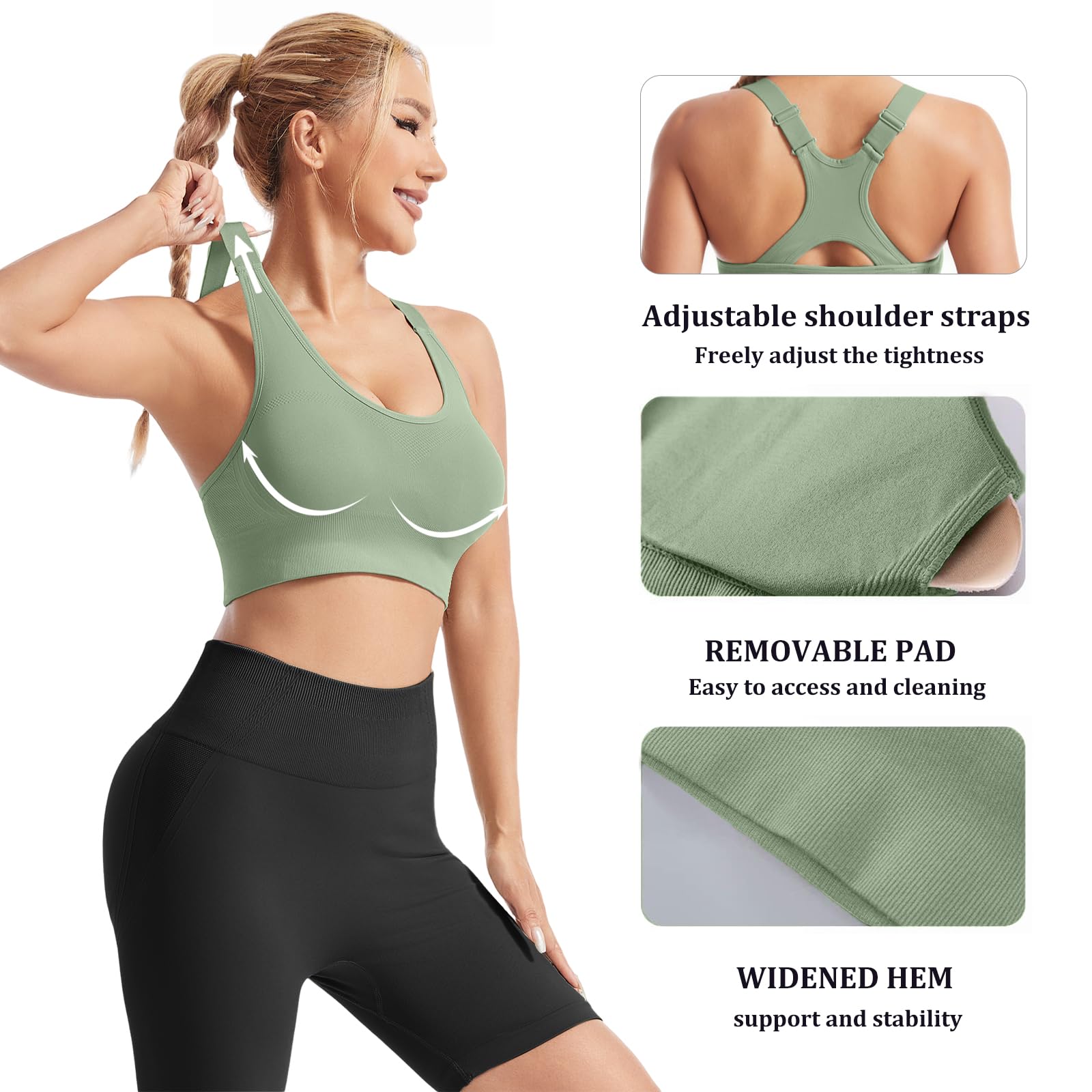 HANERDUN Sport BH Starker Halt Damen Verstellbar Träger Yoga Bra mit Gepolstert Nahtlose Ohne Bügel Breiten Trägern Racerback für Fitness Lauf Joggen