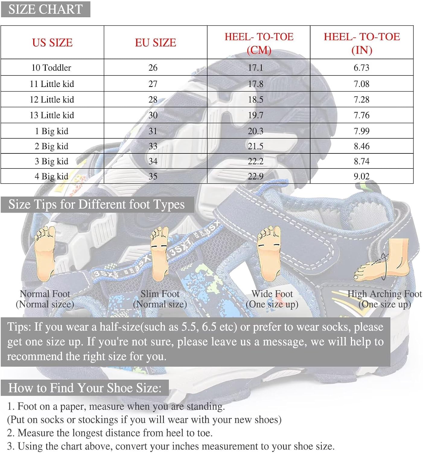 seannel Kids Athletic Sandals Boys and Girls Outdoor Hiking Sports Closed-Toe Sandal Pool Beach Shoes Summer Water shoes
