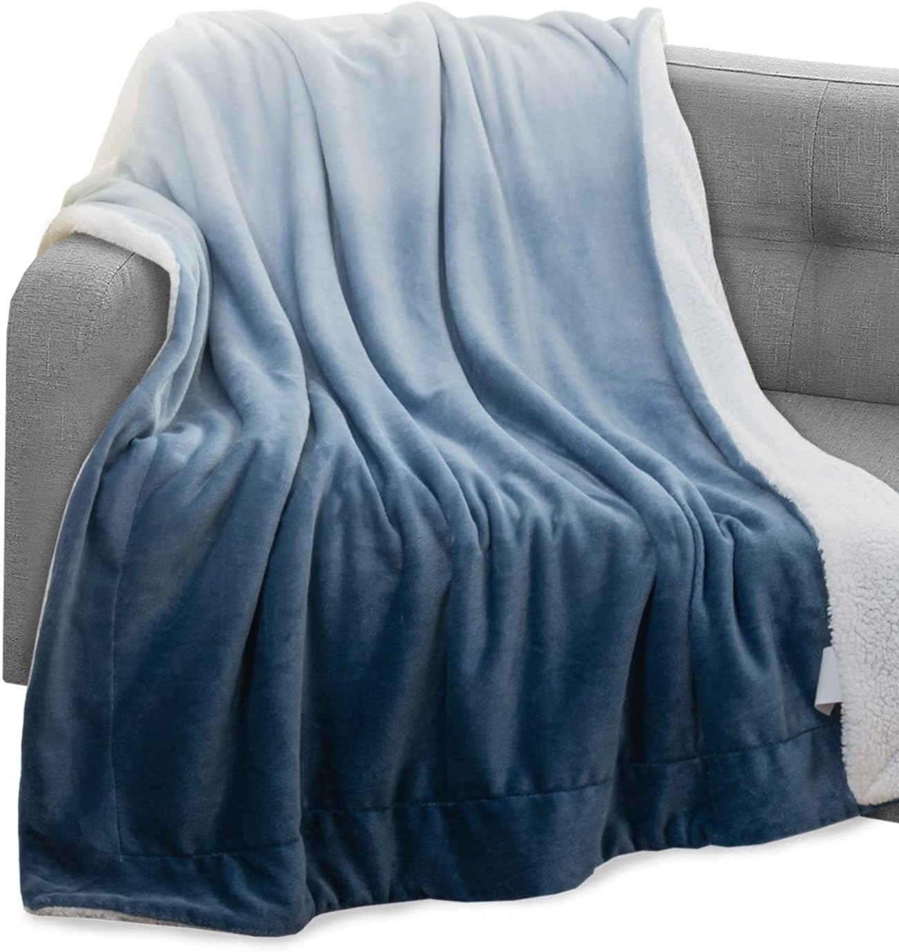 Elegant Comfort Throw Blanket, Reversible Sherpa Flannel, Ultra-Soft, Fuzzy, Cozy and Plush- All Season Lightweight Decorative Throw, 50 x 60 inches, Ombre Design Sherpa Throw, Blue
