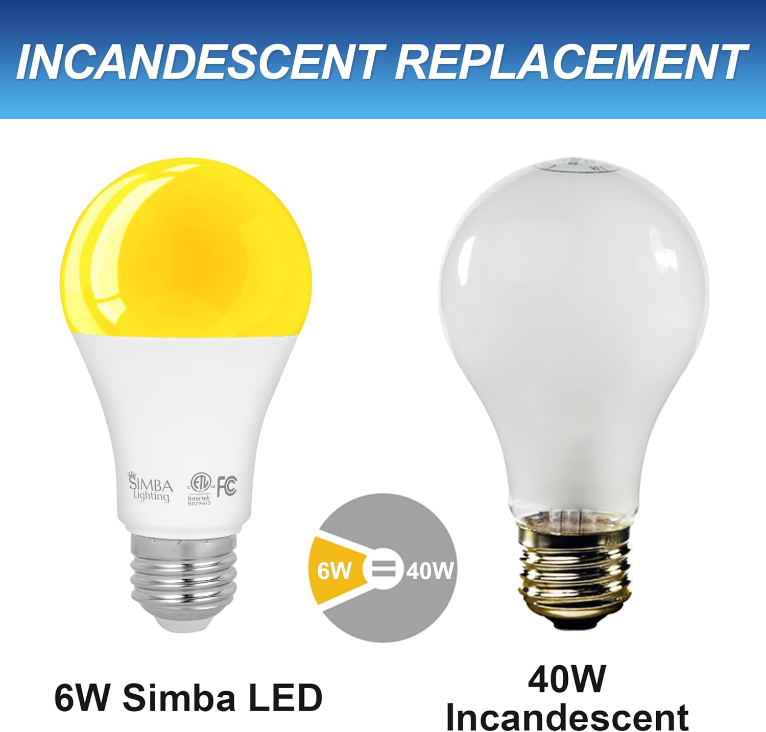 Simba Lighting LED Bug Non-Attracting Yellow Bulb ETL Listed 6W 40W Equivalent (4 Pack), Great for Outdoor Porch Light, Patio, Security, Night Light, Amber Warm Light, Standard A19 Shape E26 Base