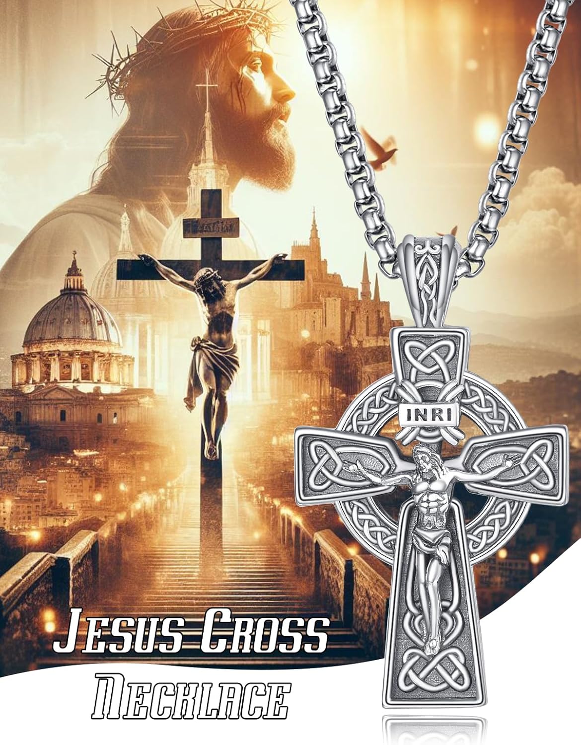 PRAYMOS 925 Sterling Silver Cross Necklace for Women Men Crucifix Saint Necklaces St Christian Religious Jewelry Confirmation Gifts Baptism