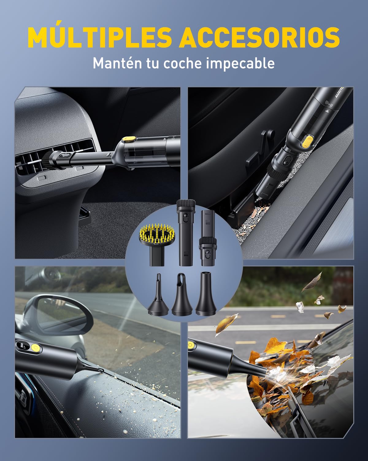 AUXITO Aspirador de Mano - Aspirador Coche de 24000 Pa, Autonomía de 30 Minutos,4 en 1, Recargable, Portátil y Ligero, Mini Aspiradora Potente para Coche, Hogar, Oficina y Pelo de Mascotas(Prieto) | Aspirador de coche inalámbrico, carga USB-C, aspiradora