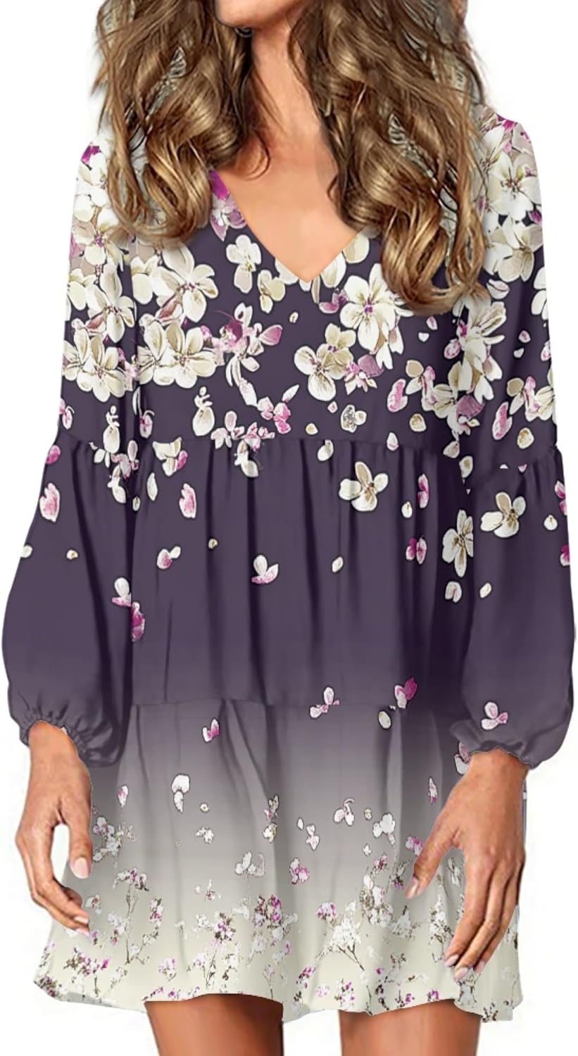 Women 2025 Floral Print Puff Long Sleeve V Neck Smocked Midi Casual Dress Empire Wa...