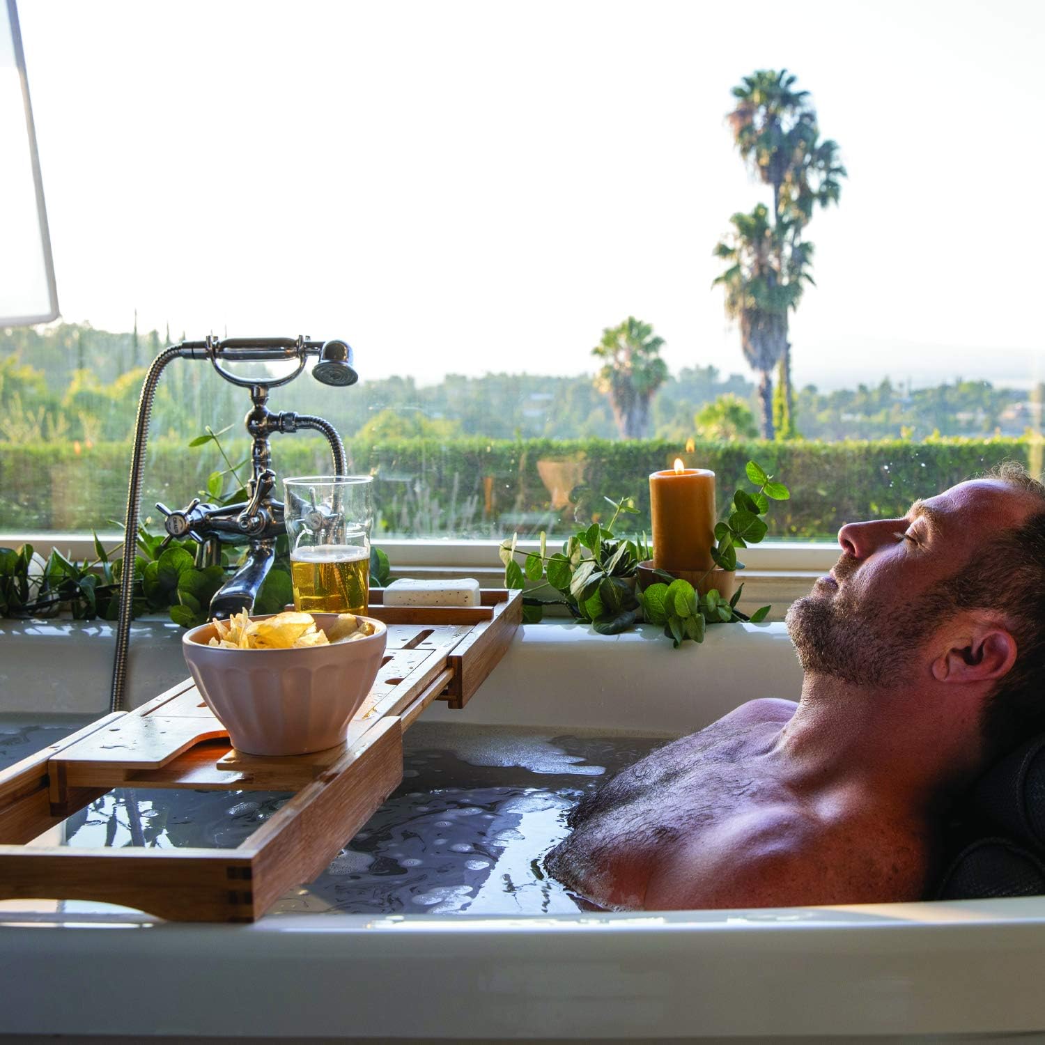 Yogibo Traybo H2O Luxury Bath Caddy Trays for Bathtub, Expandable Adjustable Bamboo Tub Tray Organizer with Book, Wine, Candle Holder for Reading and Spa