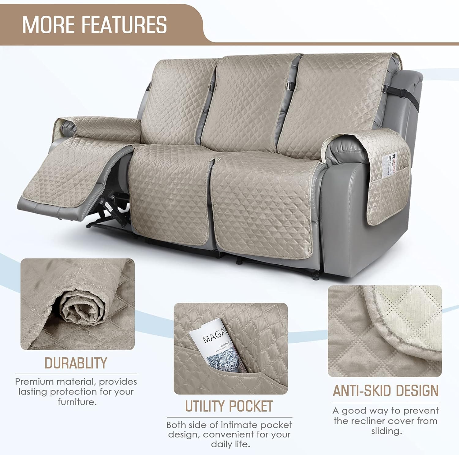 TAOCOCO Recliner Sofa Slipcover Couch Covers for 3 Cushion Couch, Pet Sofa Cover for 3 Seat Recliner Sofa, Washable Reclining Sofa Cover Furniture Protector with Elastic Straps(3 Seater, Taupe) : Home & Kitchen