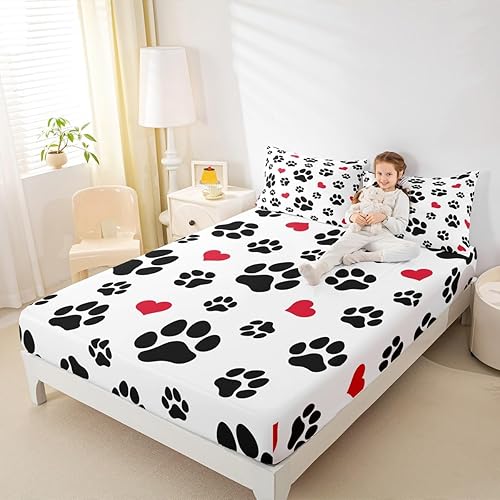 Miniatura 3 de Juego de ropa de cama de 2 piezas con 1 funda de almohada con estampado de huellas de perro, gato, pata de cachorro, juego de sábanas ajustables con
