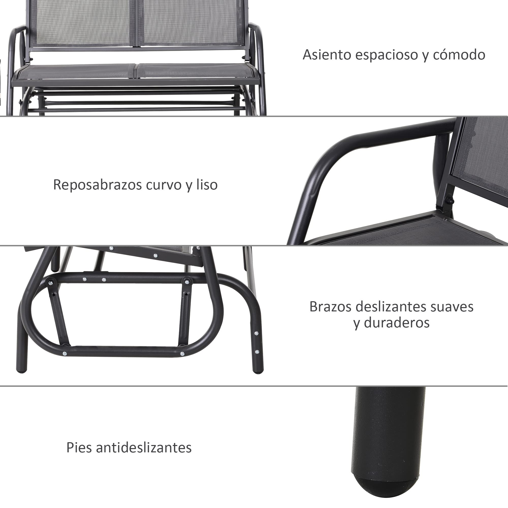 Outsunny Banco Balancín de 2 Plazas Silla Mecedora de Jardín Tubo de Metal y Tela Texteline Transpirable para Exterior Carga Máx. 200 kg 120x70x85 cm Gris