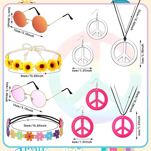 Miniatura 5 de Remuuly 16 piezas de accesorios de disfraz hippie de Halloween para mujer, juego de accesorios de los años 60 y 70, diadema, lentes de sol hippie