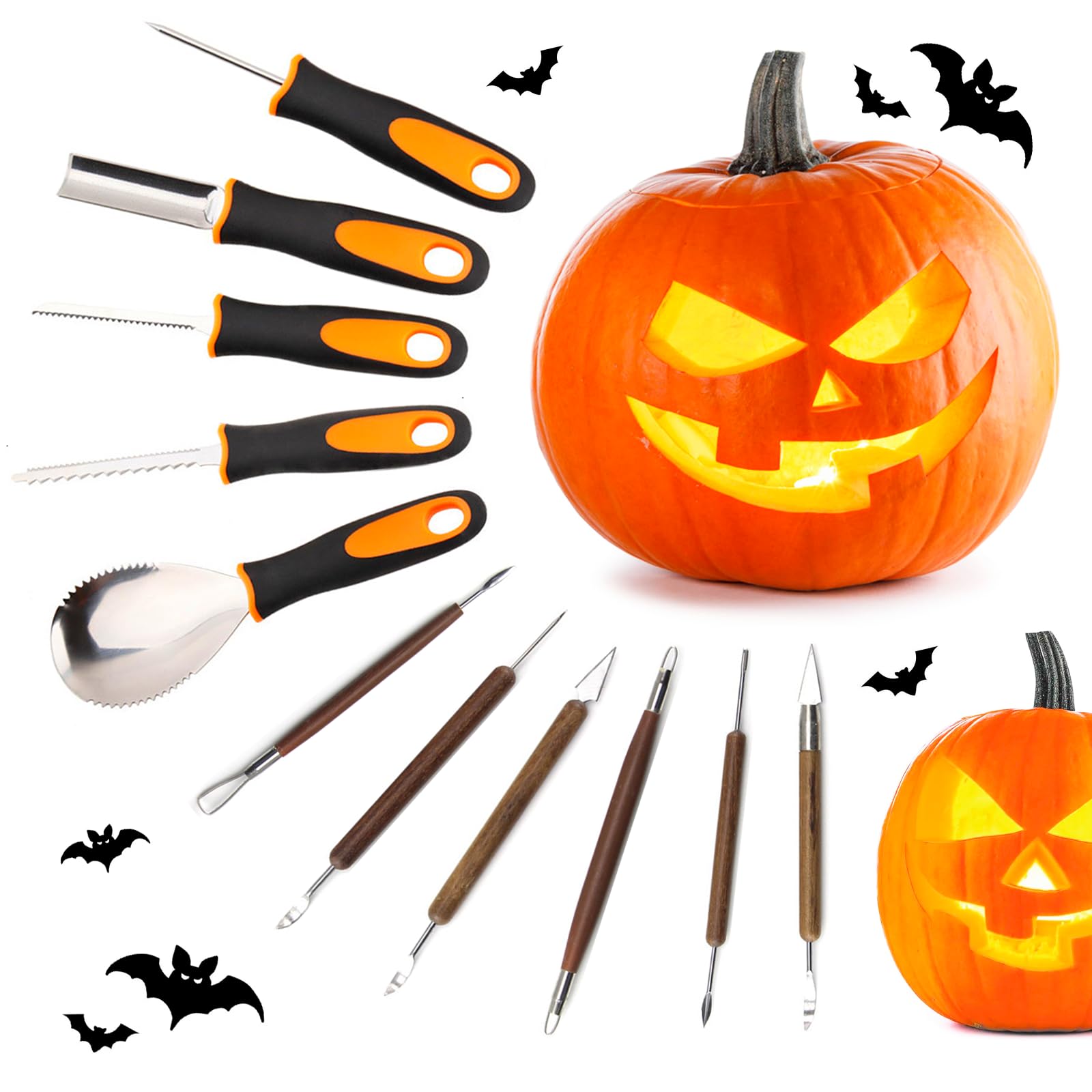 MALLY kit intaglio zucca Halloween 11 pezzi, strumento intaglio acciaio inossidabile, coltello e cucchiaio