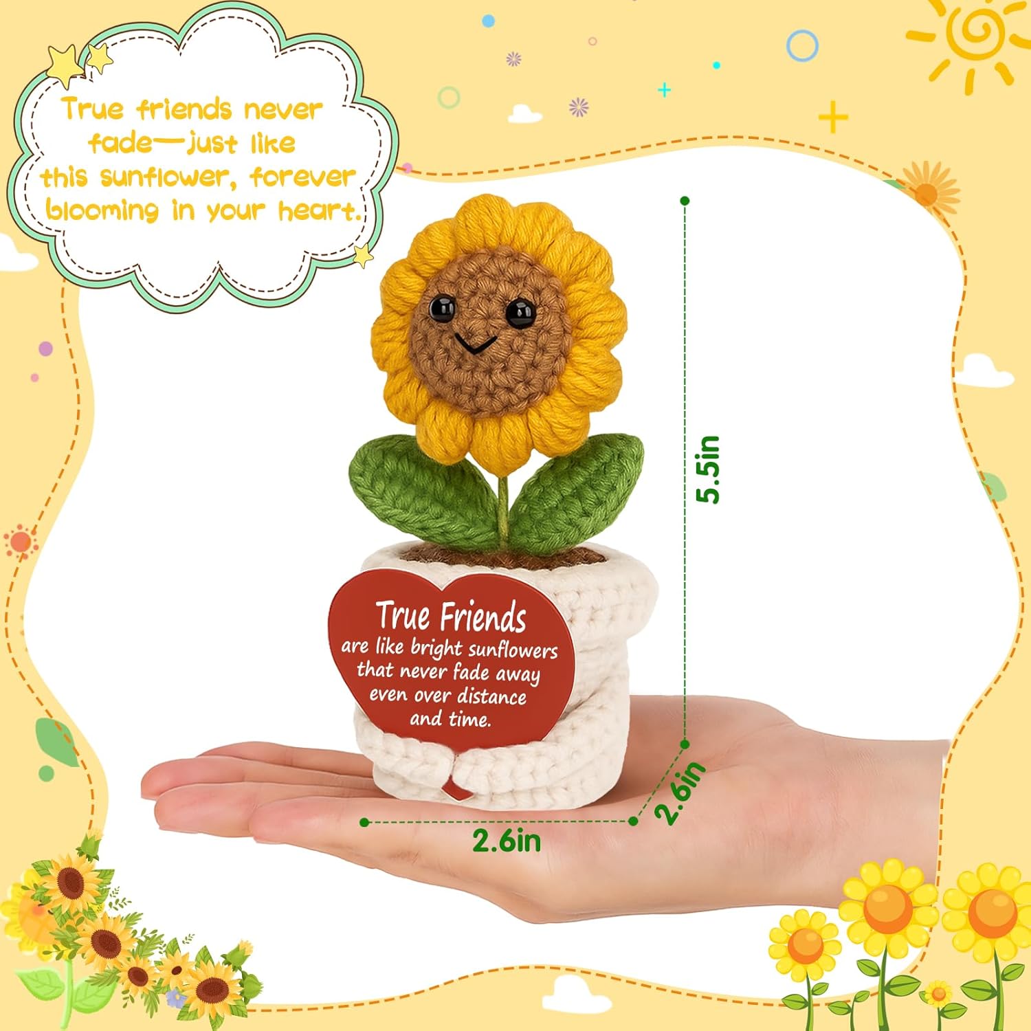 Handmade Positive Crochet Sunflower Plush “True Friends are like bright sunflowers…” Inspirational Gift for Women, Friend, Sister, Coworker, Emotional Support Token – Birthday, Christmas, Desk Decor - Image 2
