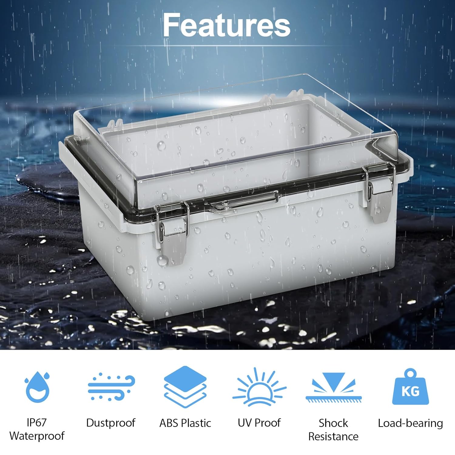 Junction Box,IP67 Waterproof Electrical Box Hinged Clear Cover,Electrical Enclosure with Stainless Steel Latch,Terminal Box with Mounting Plate,Wire Connectors,Electrical Tapes,8.7"x6.7"x4.3"