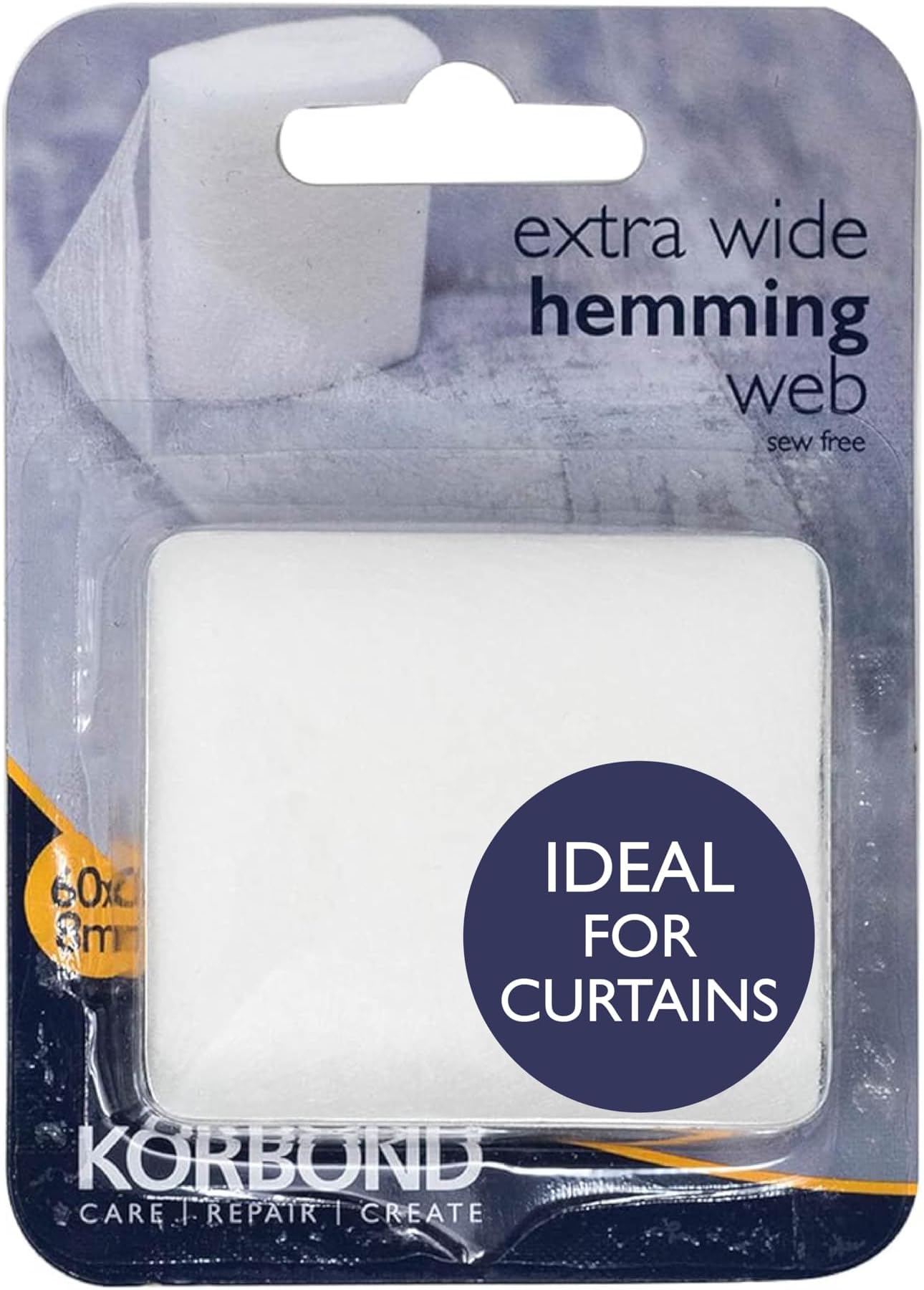 Korbond Extra Wide Hemming Web – 60mm x 8m - Invisible Mending Tape for Fabric Curtains - Iron On Hem Tape - NO Sewing Required Adhesive Fabric Tape, Webbing Tape, Hemming Tape